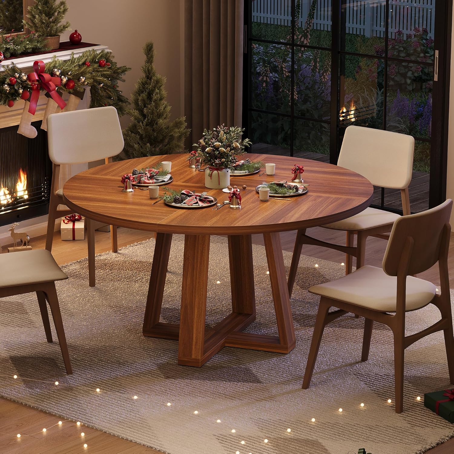 Garvee Round Dining Table for 4-6 People, 47 Modern Circle Dinner Table with Wooden Cross Pedestal Base for Living Room, Kitchen, Walnut Brown