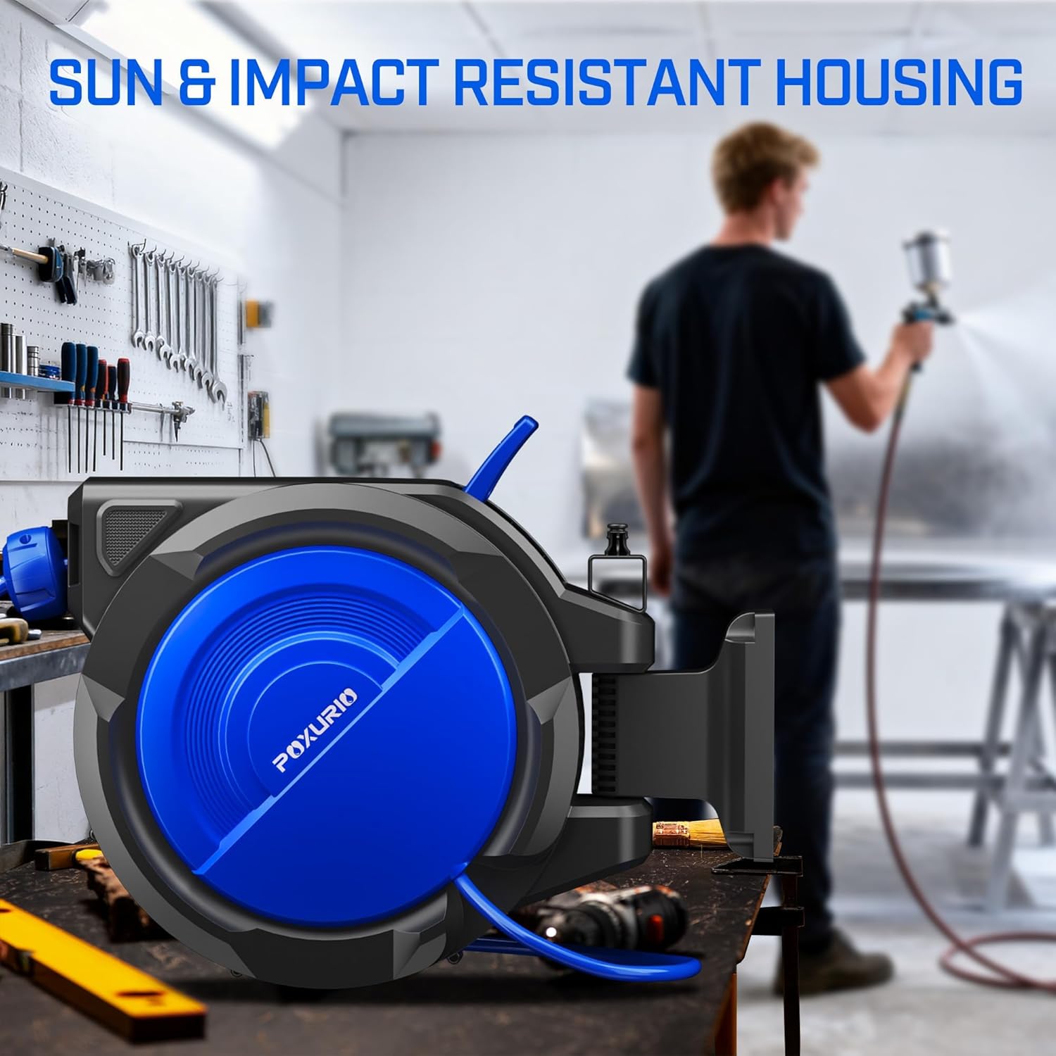 80FT+6.5FT Retractable Air Hose Reel, 3/8 Hybrid Air Hose, Air Compressor Hose Reel with Max 300 PSI Patented Design, Retractable Auto-Rewind Enclosed Heavy Duty 180° Swivel Mount