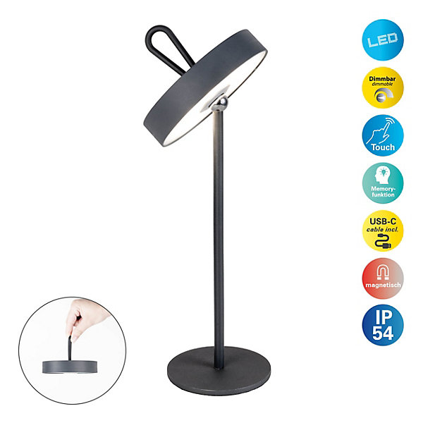 Lampe de table LED rechargeable magnétique 'ELLA' pour l'extérieur et l'intérieur, en métal et plastique gris, hauteur 35 cm