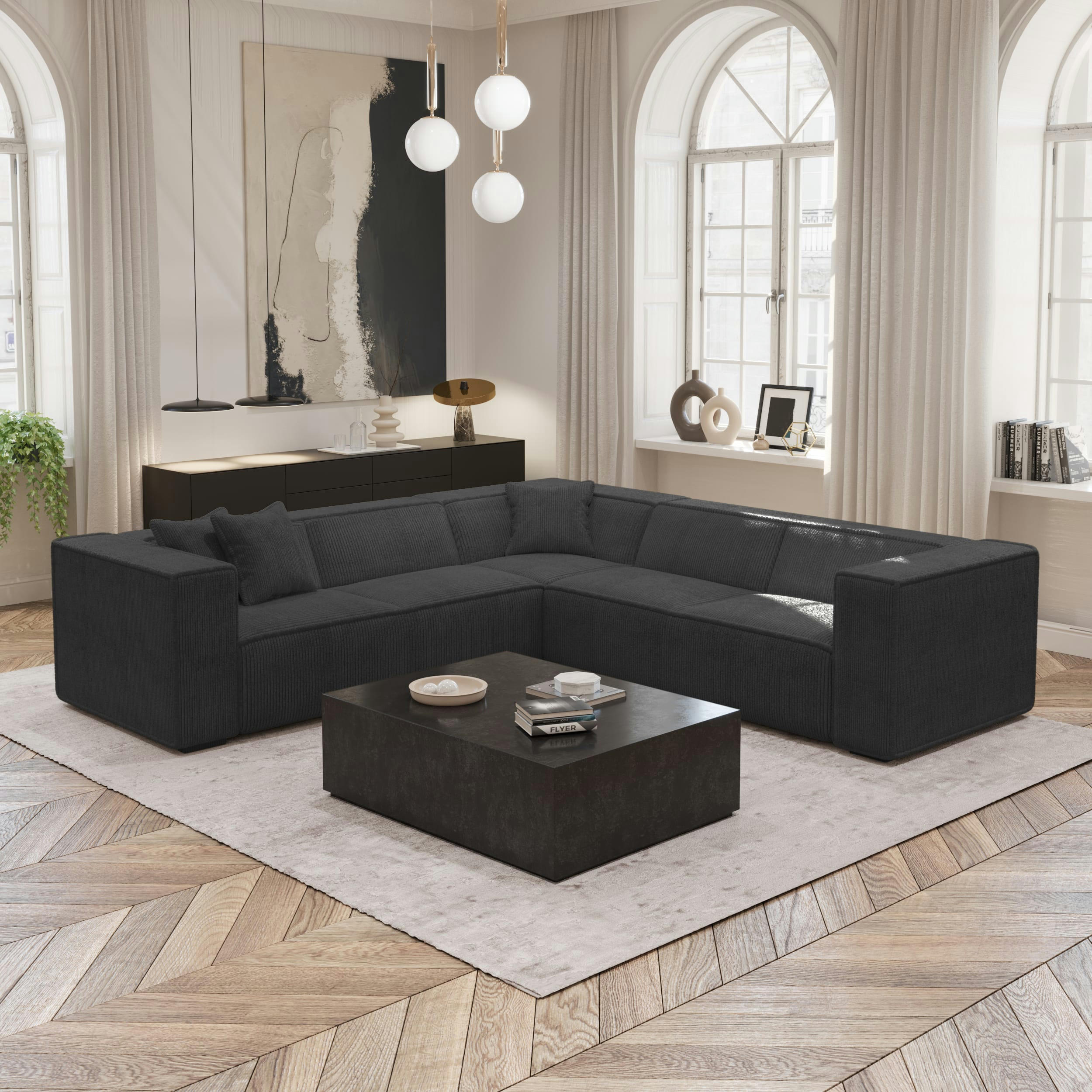 KAYA - Canapé grand angle tissu velours côtelé gris anthracite