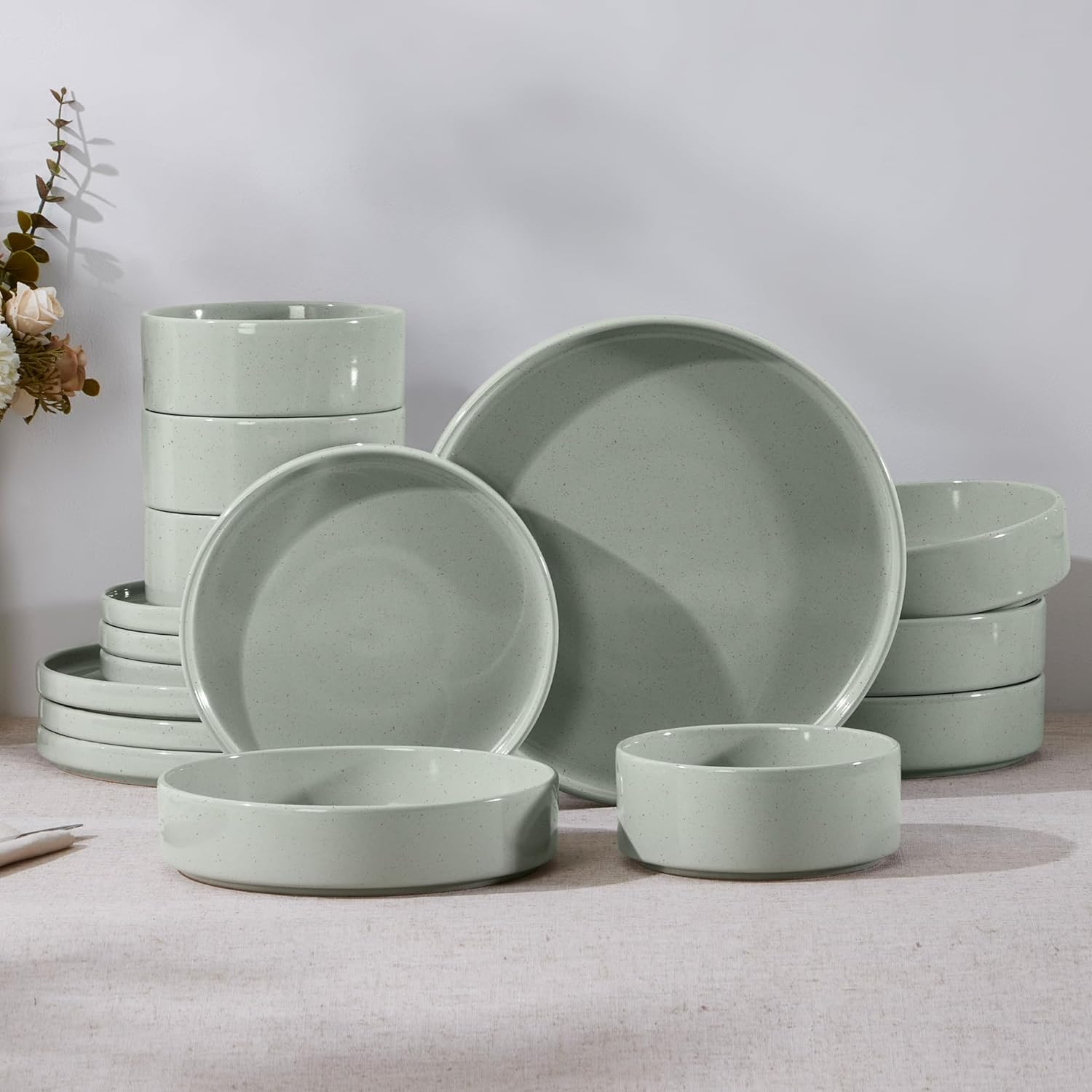 E-far 16-Piece Plates and Bowls Sets - Stoneware Dinnerware Sets with Pasta Bowls for 4 | Microwave & Dishwasher Safe Kitchen Modern Dish Set, Speckled Green