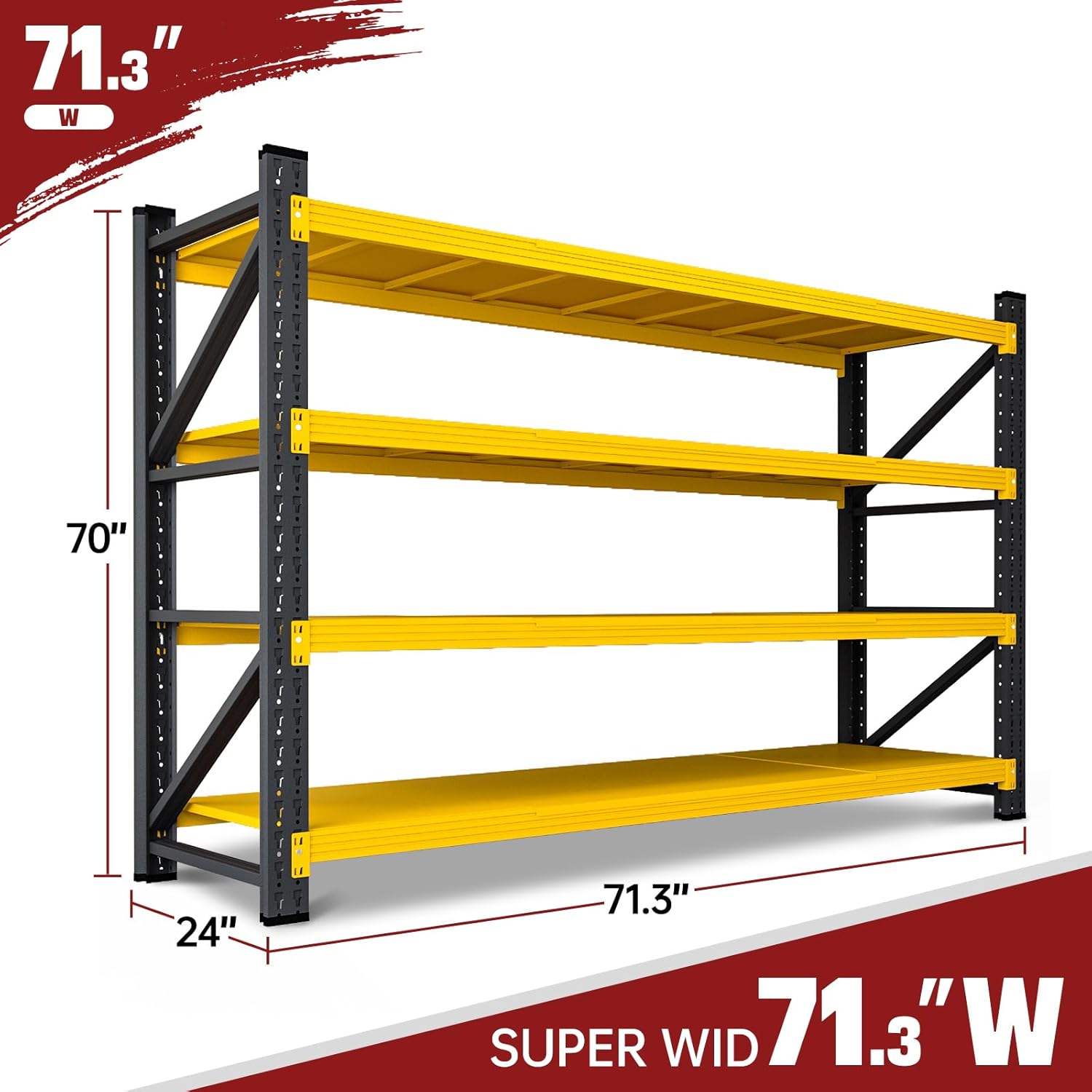RAVIGIN 5000LBS Storage Shelves,71 W Garage Shelving Heavy Duty Metal Adjustable Garage Shelves, Shelving Units Industrial Shelving for Warehouse,71 W x 24 D x 69 H,Black Yellow