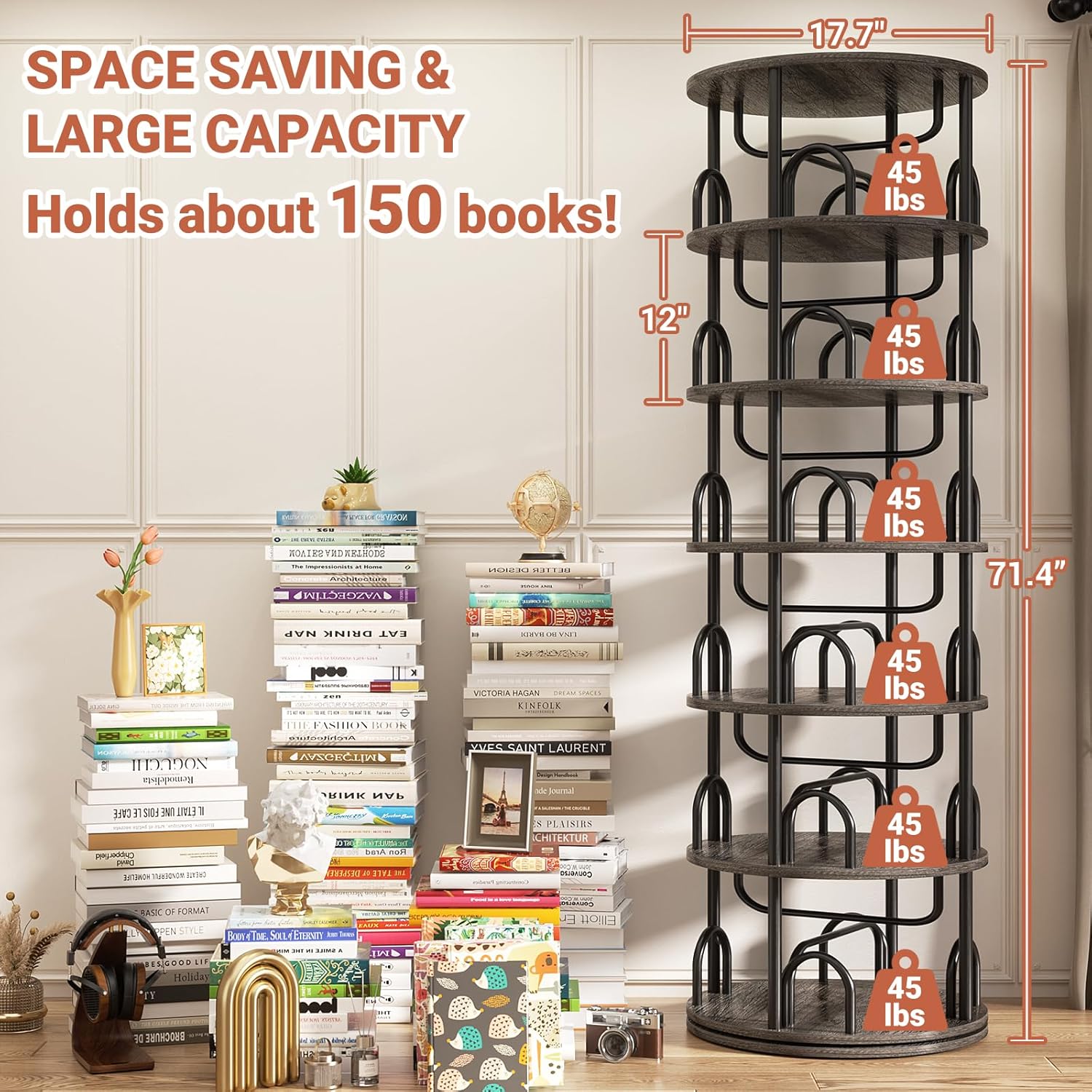 Aheaplus 6 Tier Rotating Bookshelf Tower, Revolving Bookcase, 360° Round Spinning Book Shelf, Narrow Swivel Bookshelves Vertical Turning Corner Bookshelf Organizer for Small Space, Black Oak