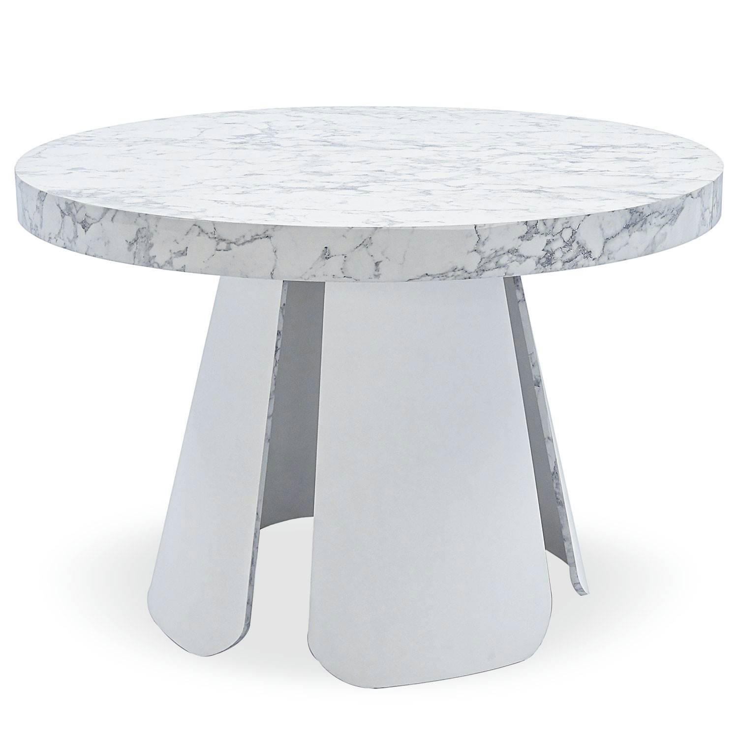 HENRIETTE - Table ronde extensible effet marbre blanc pieds blanc