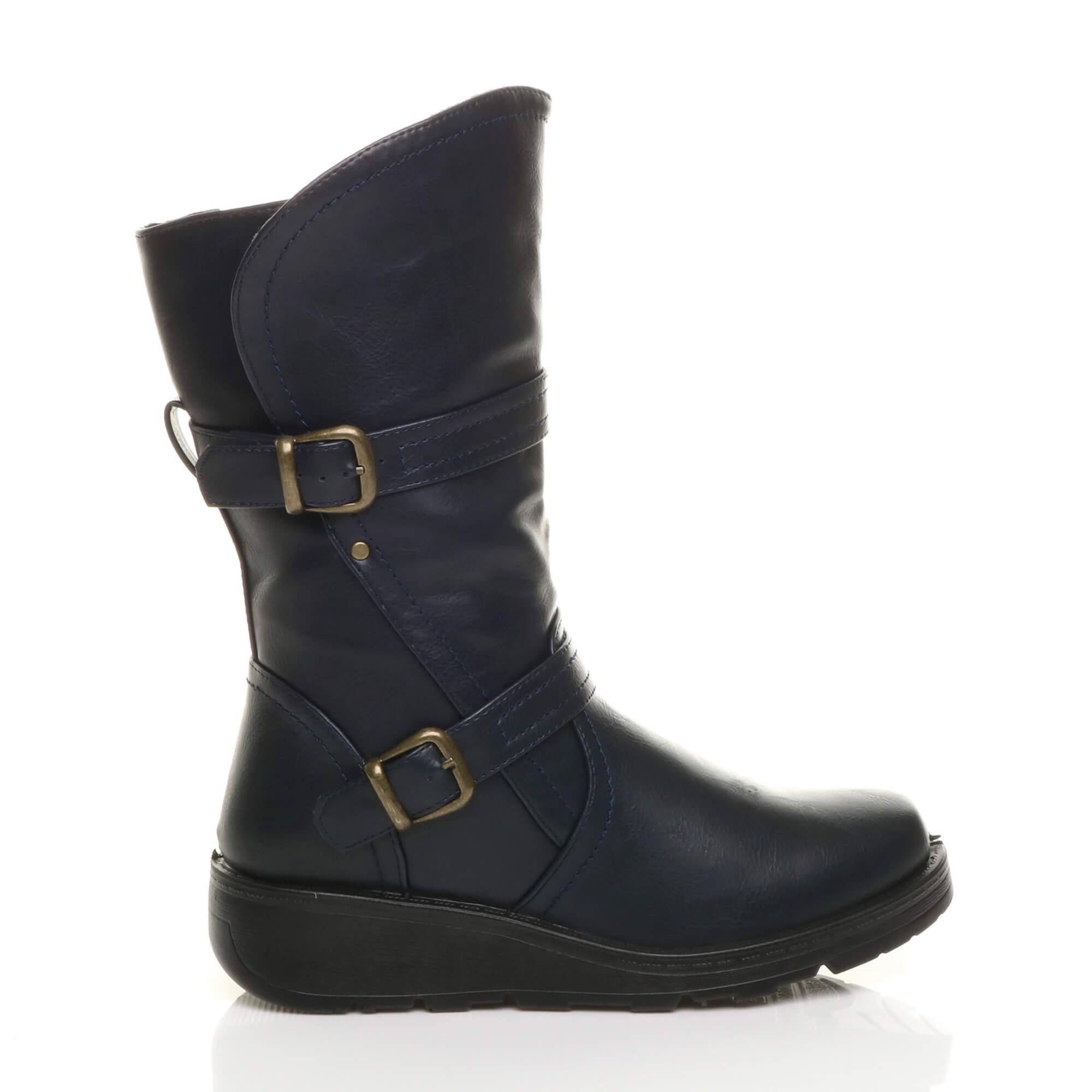 AJVANI Low Wedge Heel Comfort Calf Biker Boots