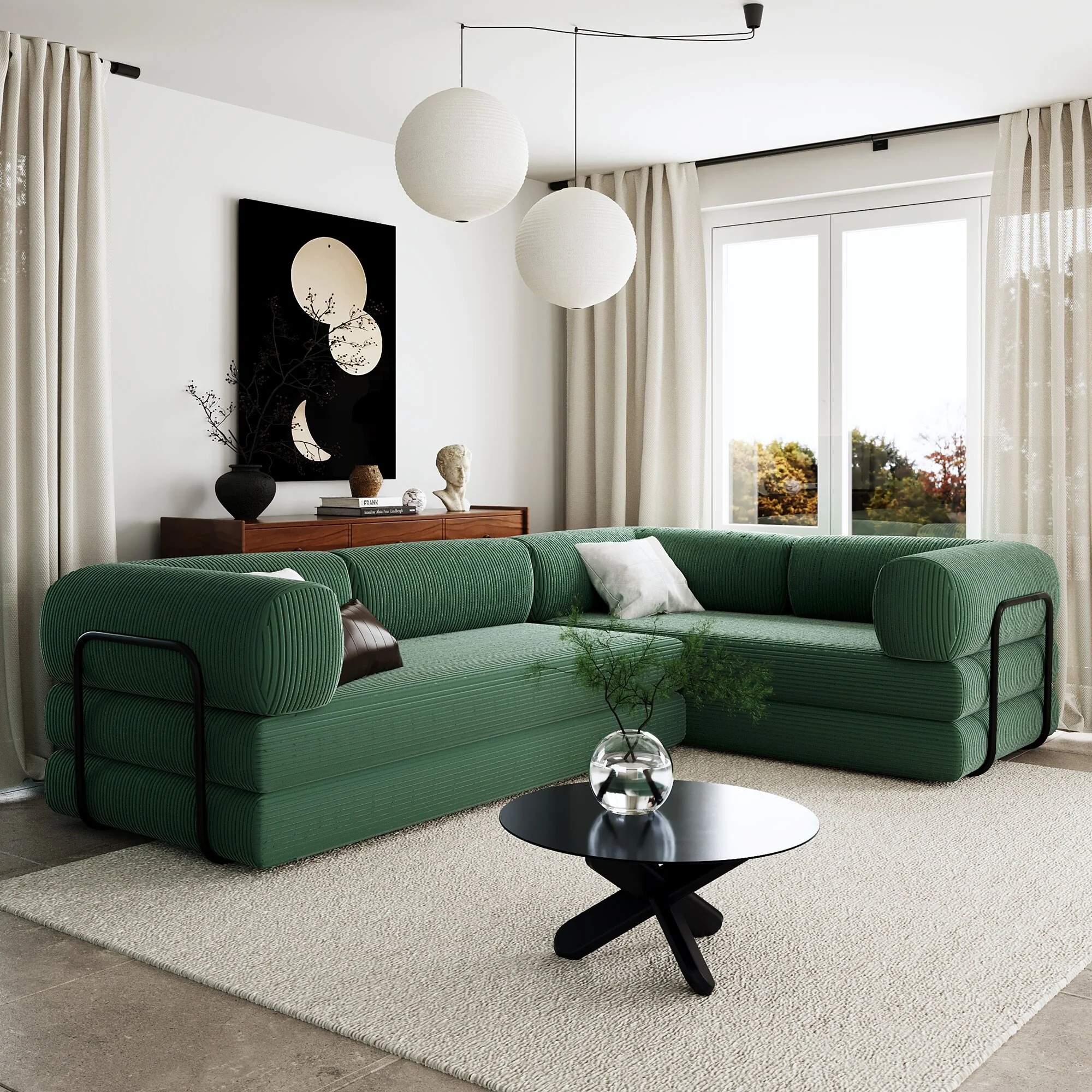 L-Shaped Modular Sofa Sleeper Sofa, Corduroy Sectional Sofa with 3 Wedge Cushions and Flat Cushion, Convertible Sofa Bed