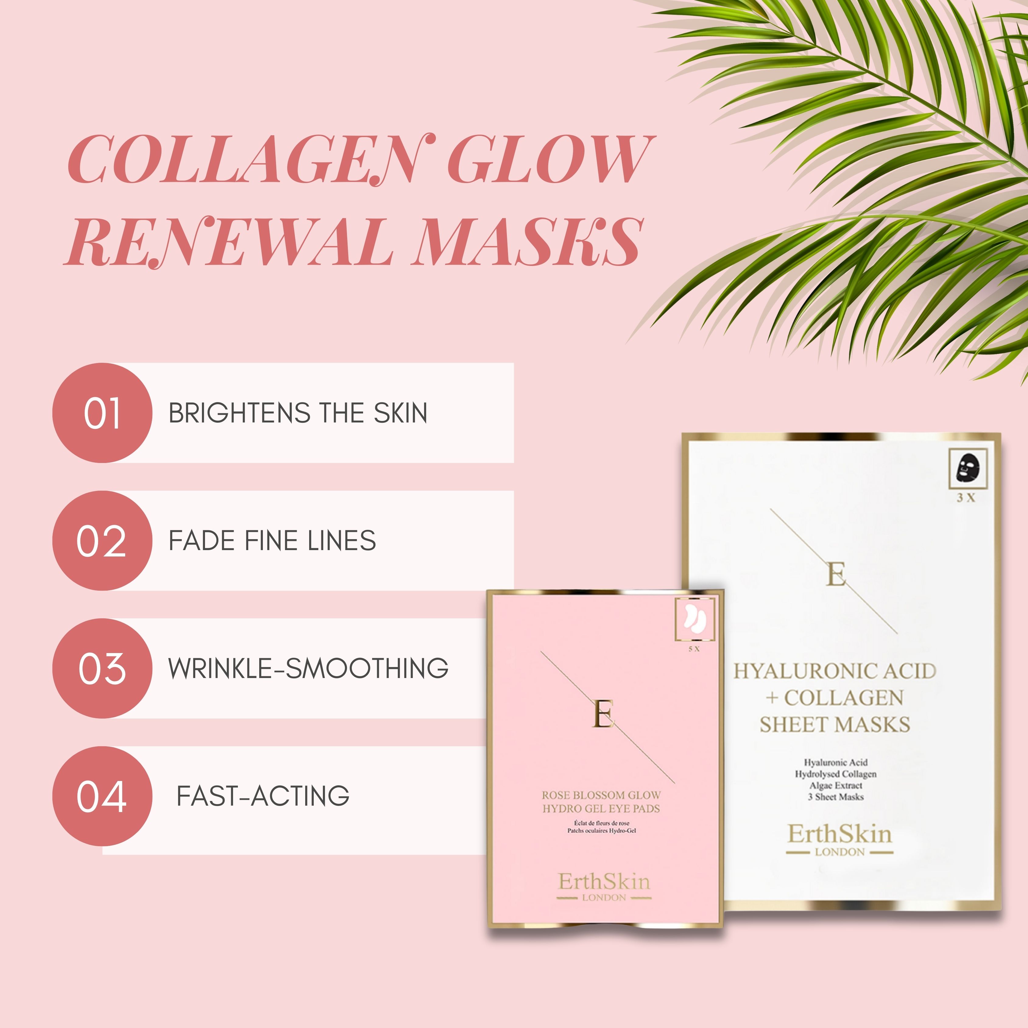 Erth Skin London Glow-Enhancing Combo Hyaluronic Acid & Collagen Mask - 3 Sheets   Rose Blossom Glow Hydro-Gel Eye Pads 5 x 2