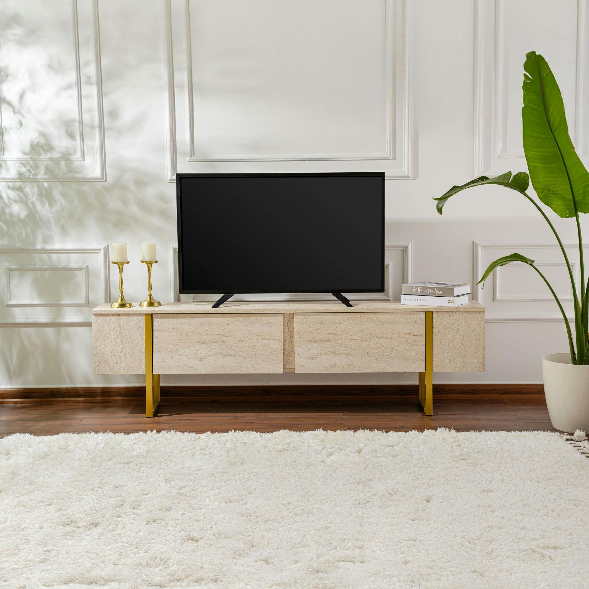 Meuble TV avec rangement - effet travertin, pieds dorés JENA