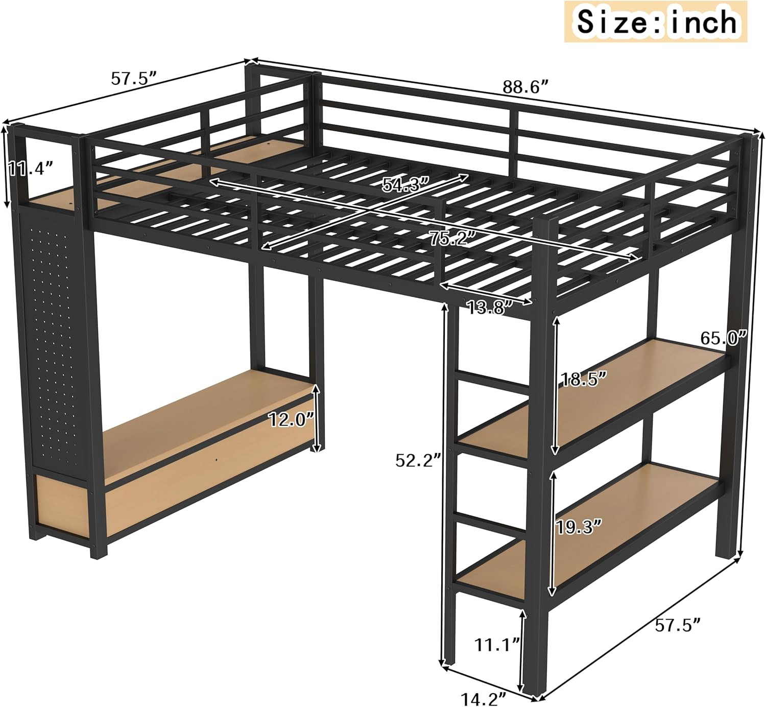 Bellemave Full Size Metal Loft Bed Frame with Wardrobe and Storage Shelves, Loft Bed with Pegboard and Drawers, Space-Saving Loft Bed Frame with Full-Length Guardrails, Black