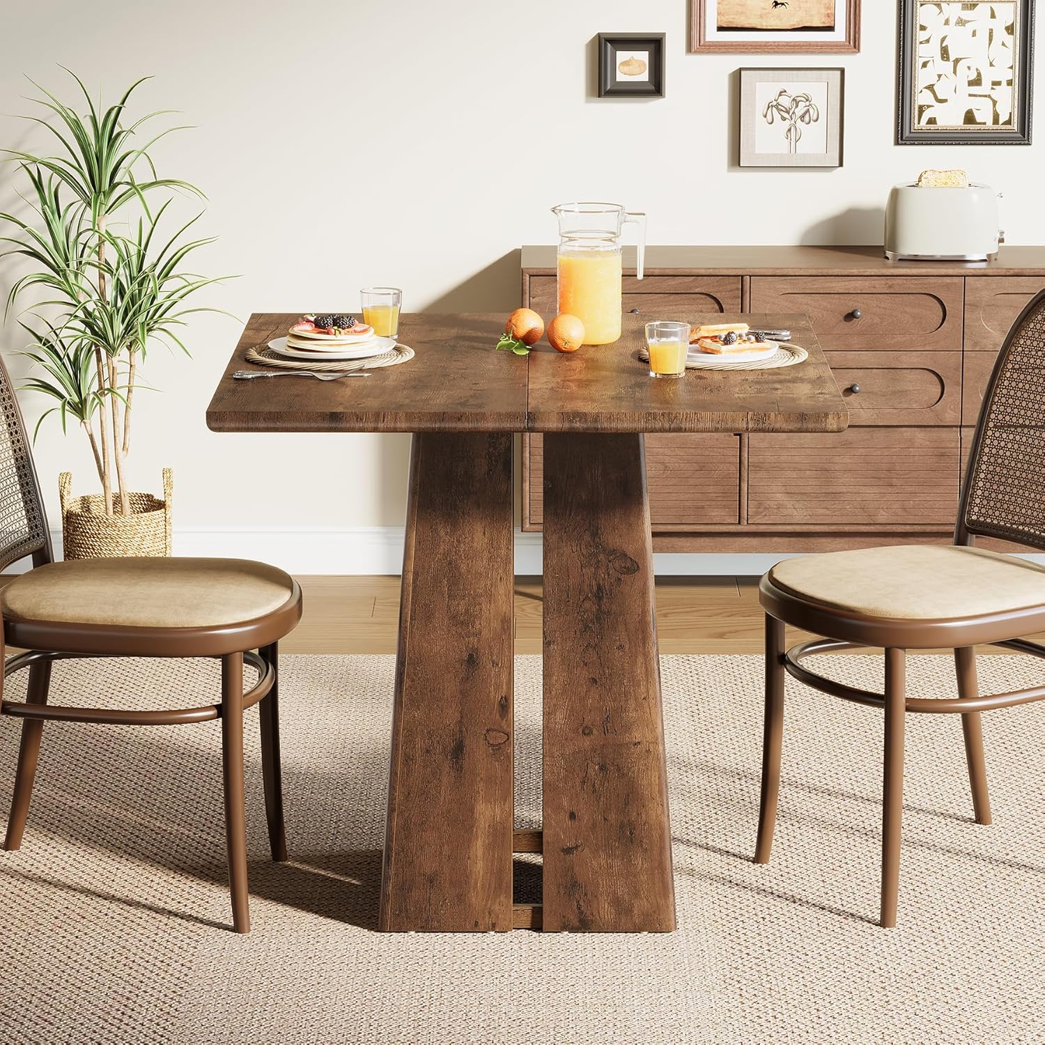 LITTLE TREE Wooden Square Dining Table 4 Sets, 31.5 Farmhouse Kitchen Table with Heavy-Duty Pedestal Base, Dinner Furniture for Dining Room, Living Room, Kitchen (1, Rustic Brown)