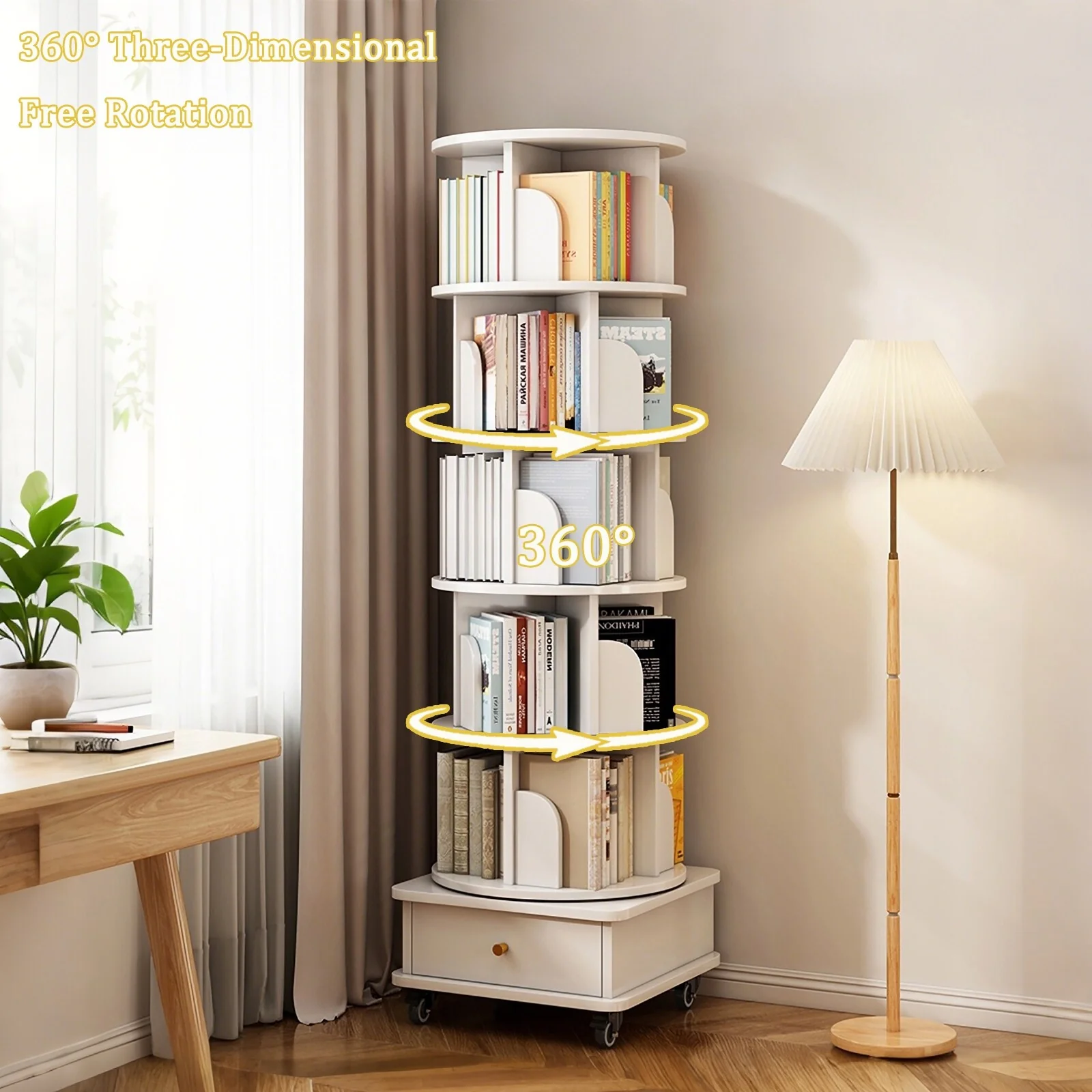 6 Tier Rotating Bookshelf, 360° Display Round Spinning Bookshelf with Wheels and Drawer