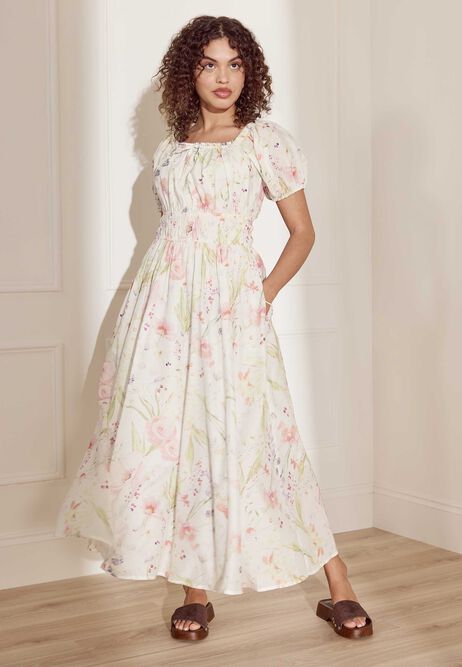 Womens Cream Floral Puff Sleeve Midi Dress