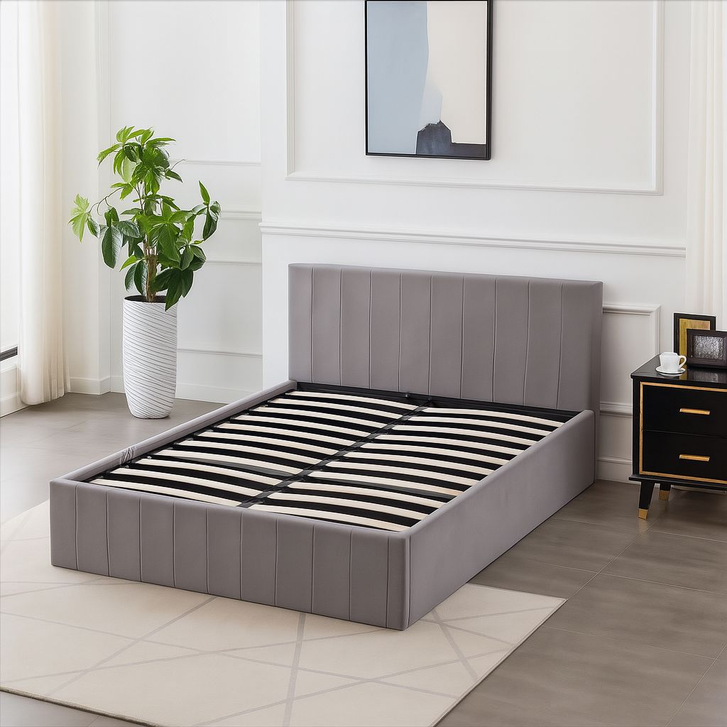 KOSY KOALA Ottoman Bed Gas Lift Storage Grey 4ft Small Double Line Pattern Velvet Bedroom