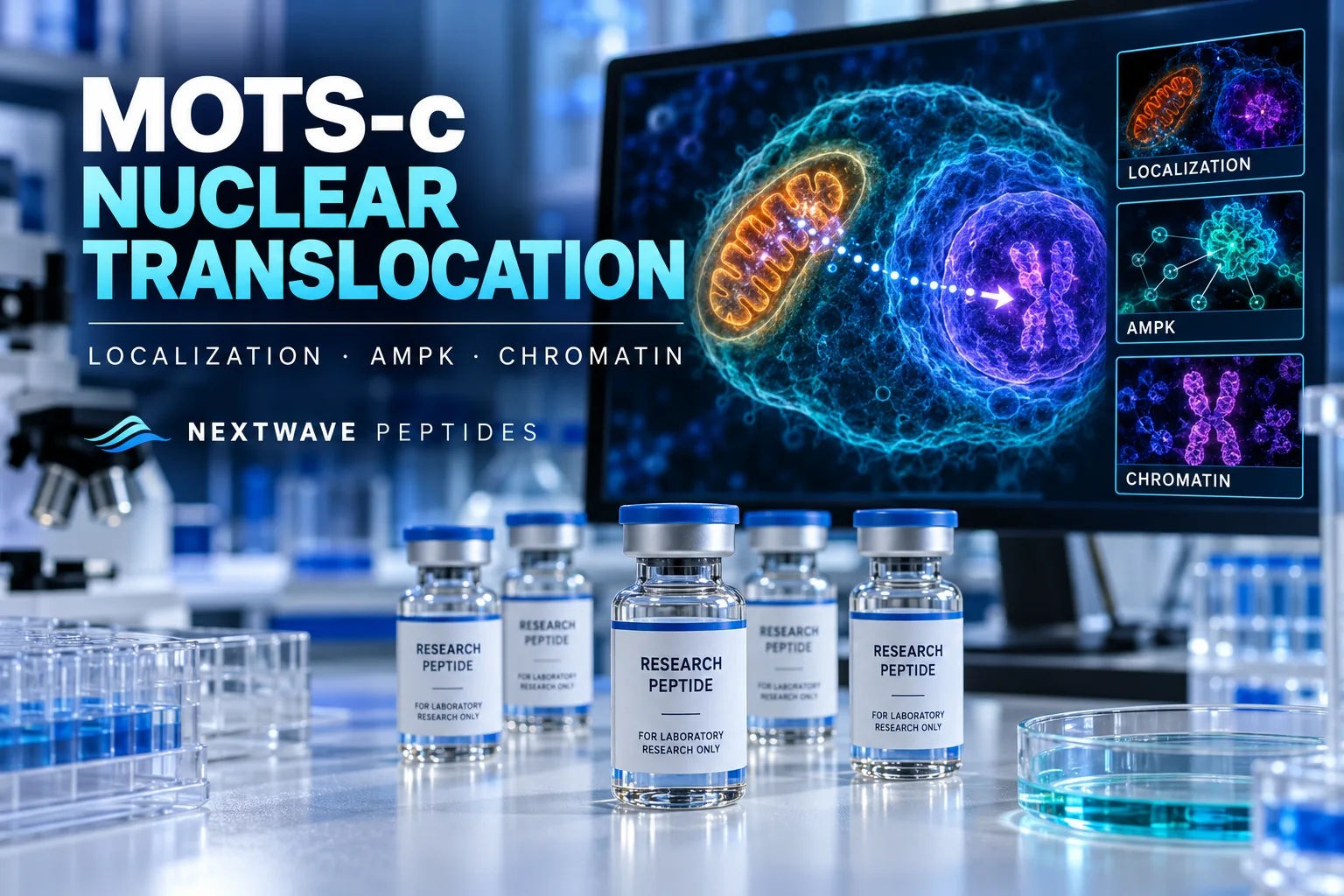 MOTS-c research vials beside an illustrative cell display tracing stress-responsive movement from mitochondria toward the nucleus with localization, AMPK, and chromatin evidence panels.