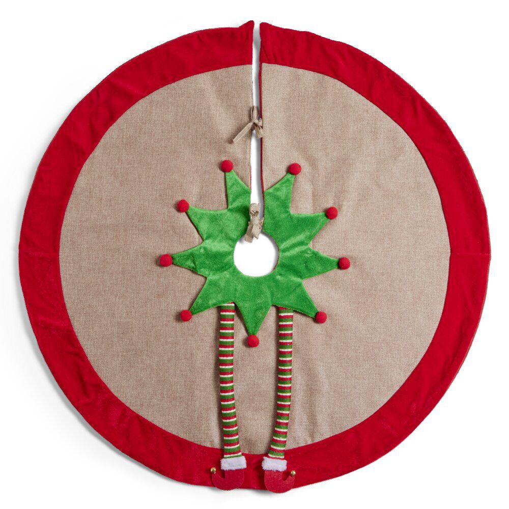 Tour de sapin décor rouge et vert pieds de lutin Ø90cm