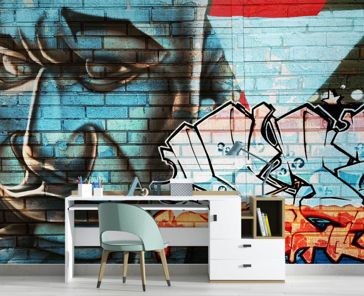 Feeby Fototapeta, Graffiti na murze niebieska twarz 150x105