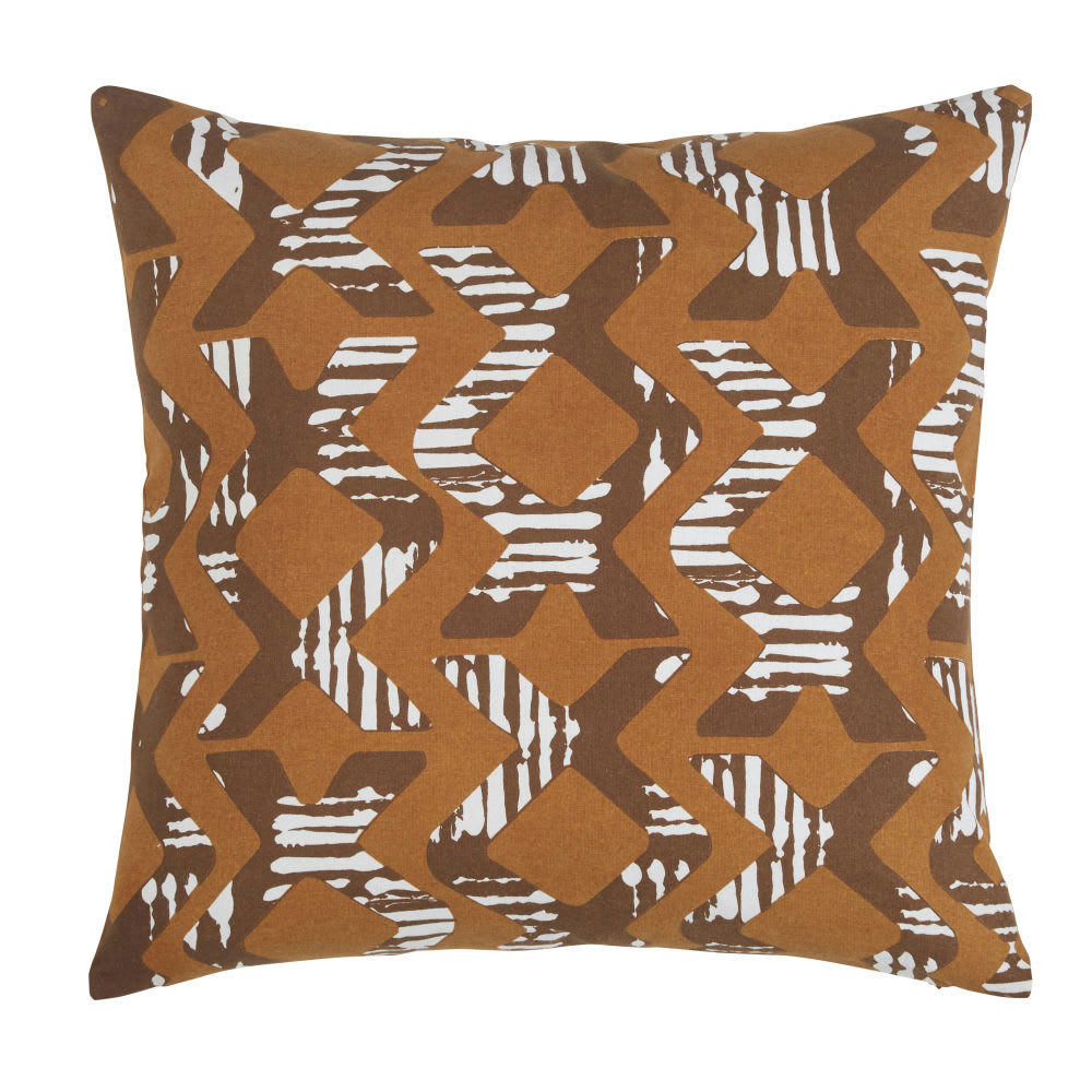 MAWE - Coussin en coton caramel imprimé écru 45x45