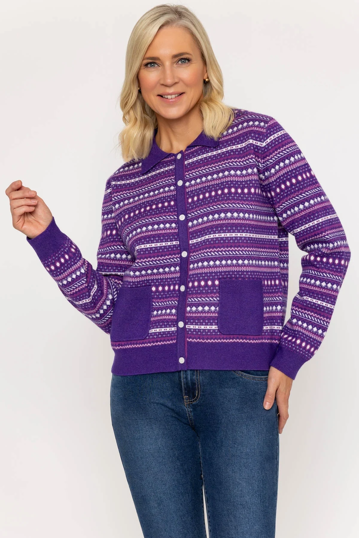Purple Fair Isle Knit Cardigan with Collar