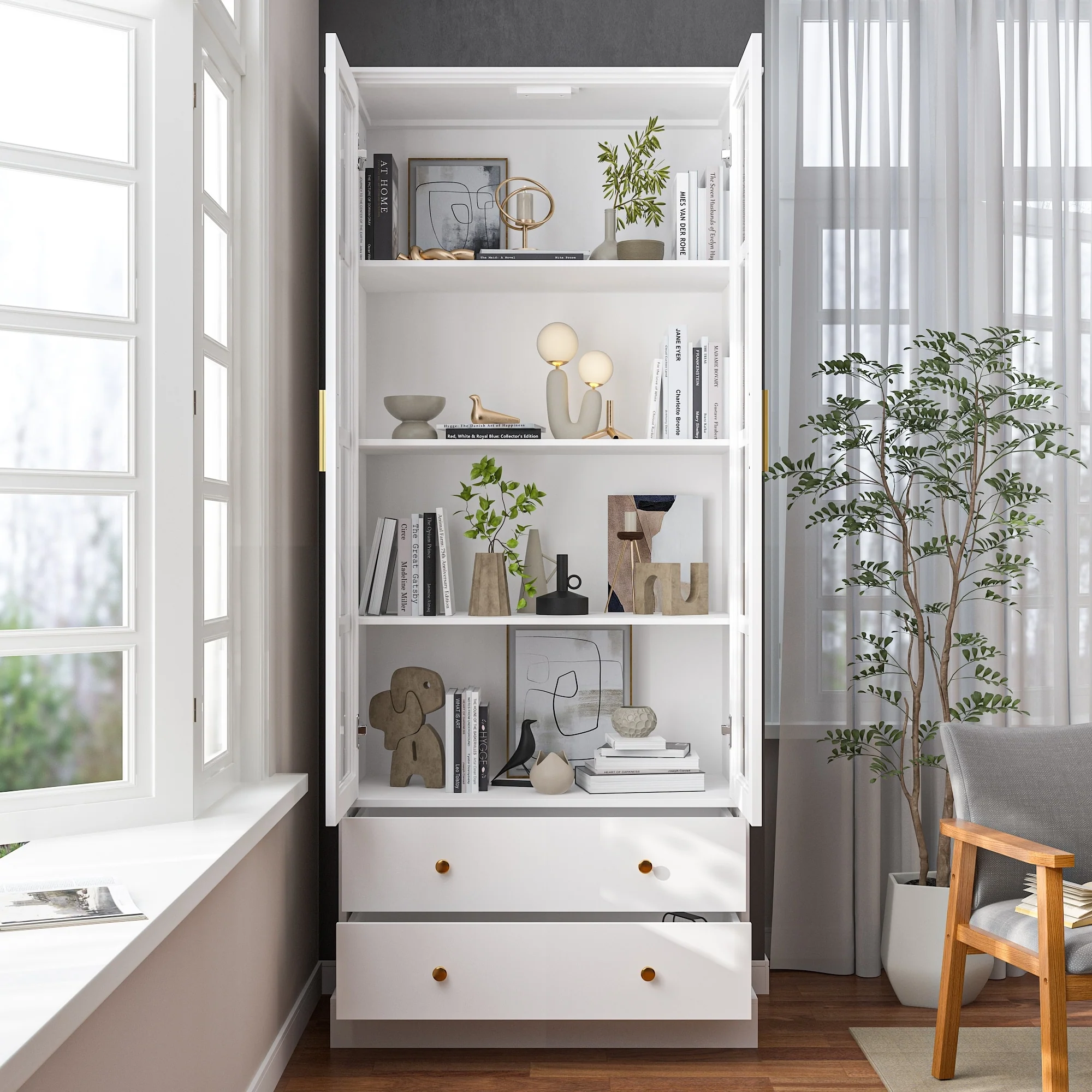 Glass Cabinet 70.1White Display Curio Storage Cabinet with Glass Door