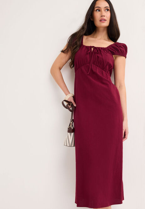Womens Burgundy Linen Look Milkmaid Dress