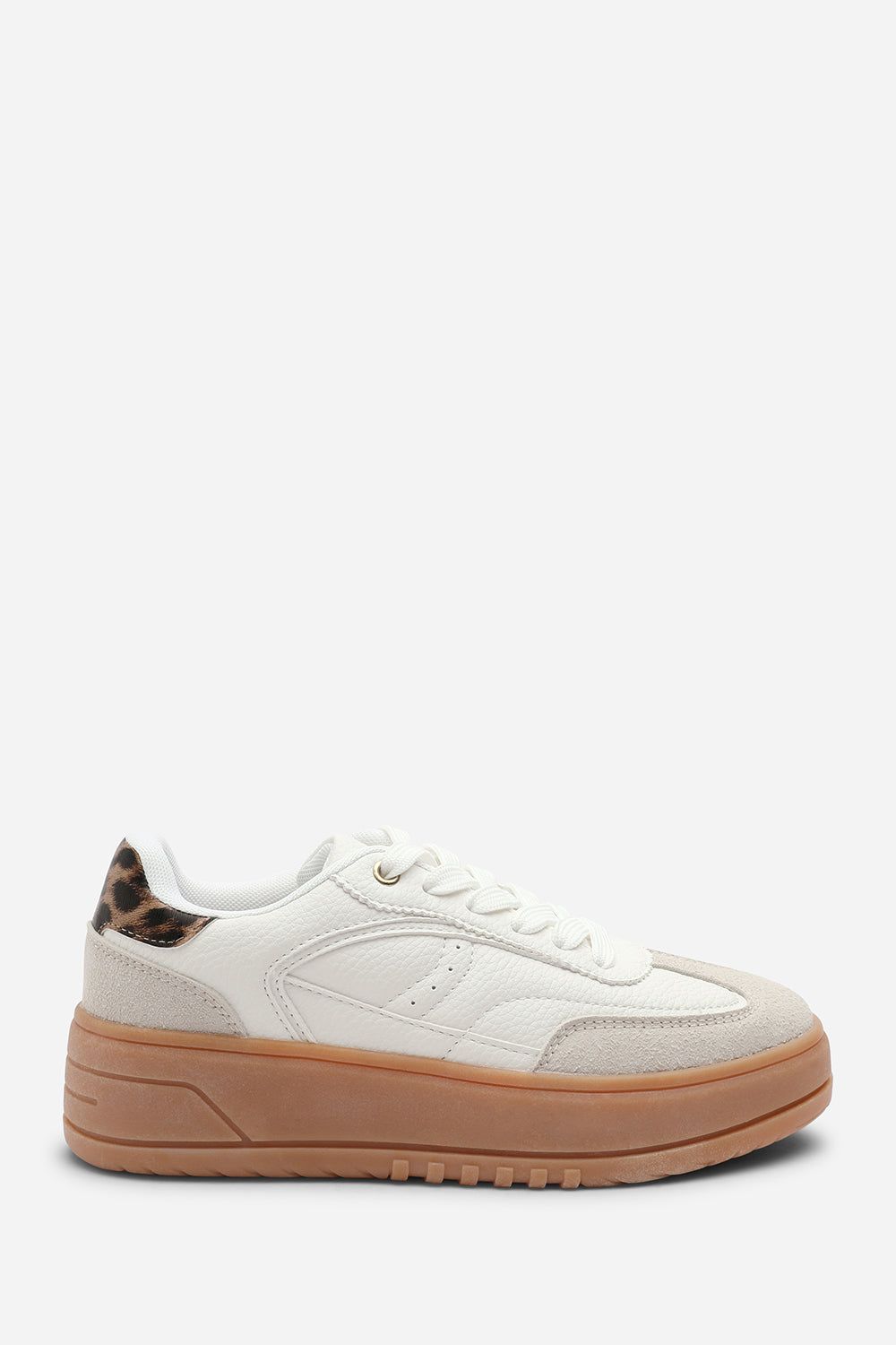 Where's That From Yulia' Low Wedge Lace up trainer with leopard print heel detail