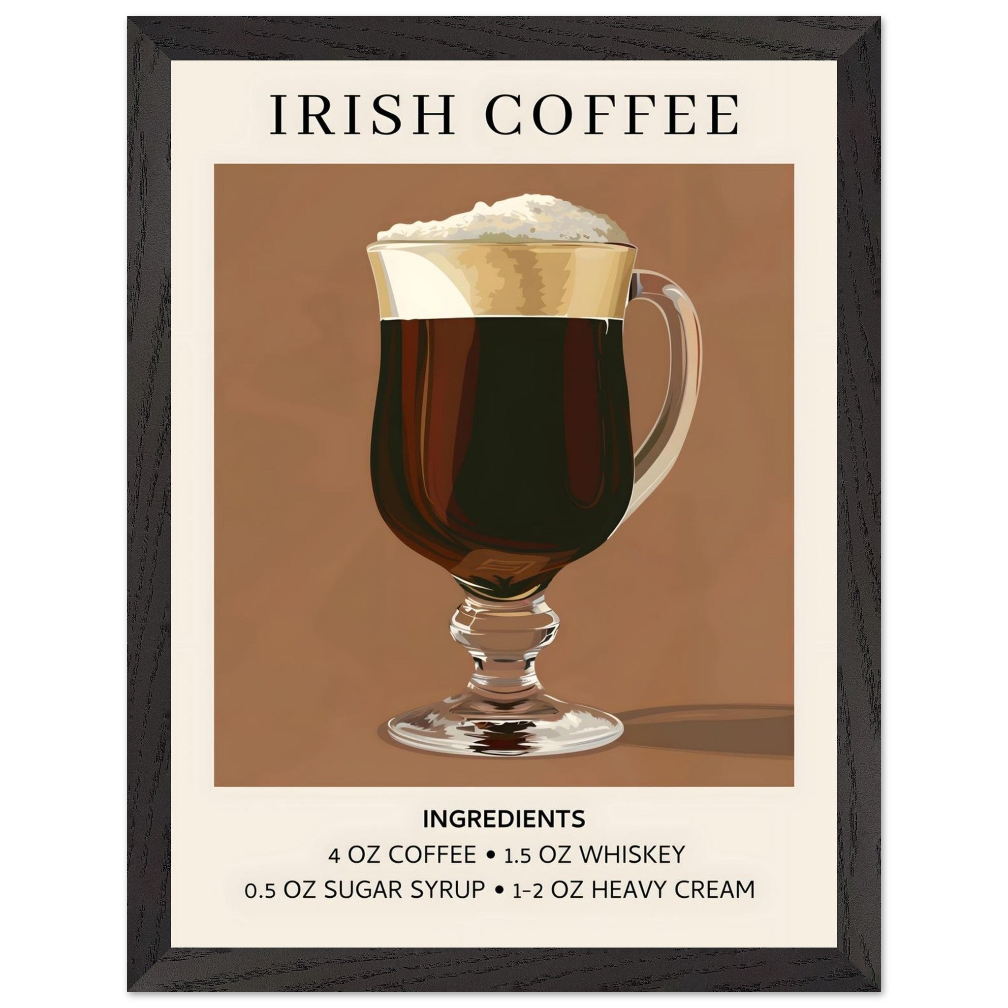 Artfulprints Poster met Lijst Irish Coffee - Ingrediënten  - 30x40 cm - Bruin
