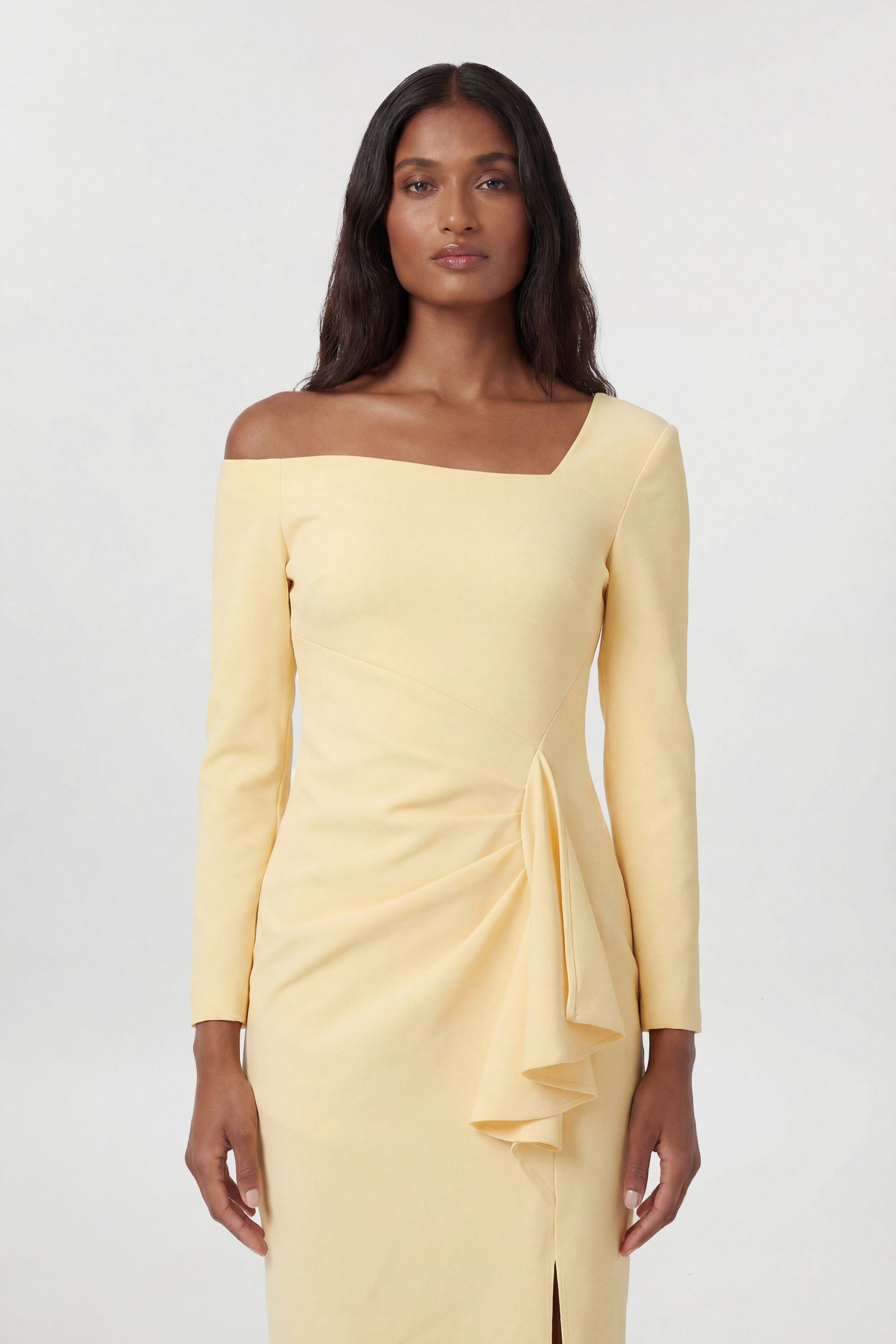 KarenMillen Compact Stretch Asymmetric Neckline Draped Midi Dress