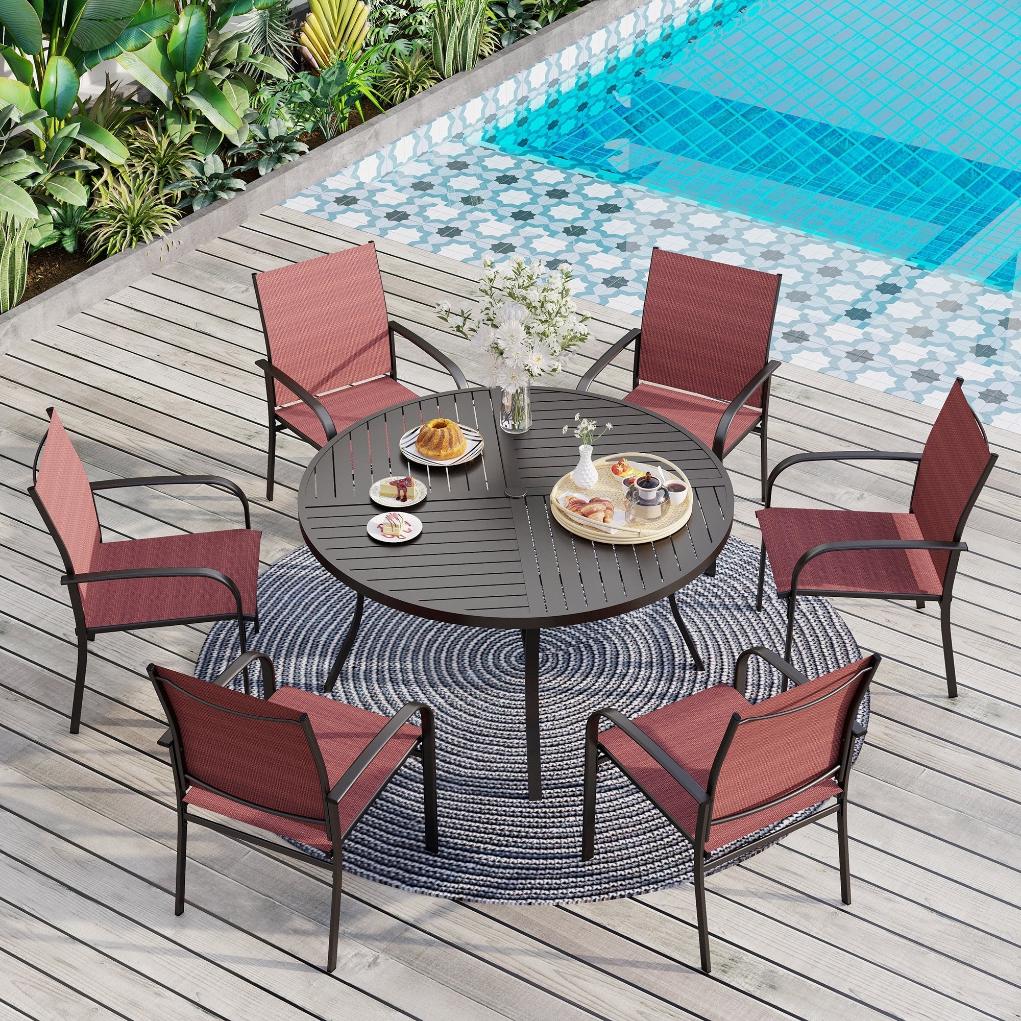 MAISON ARTS 7-Piece Patio Dining Set for 6, Large Round Dining Table with Umbrella Hole & Textilene Dining Chairs