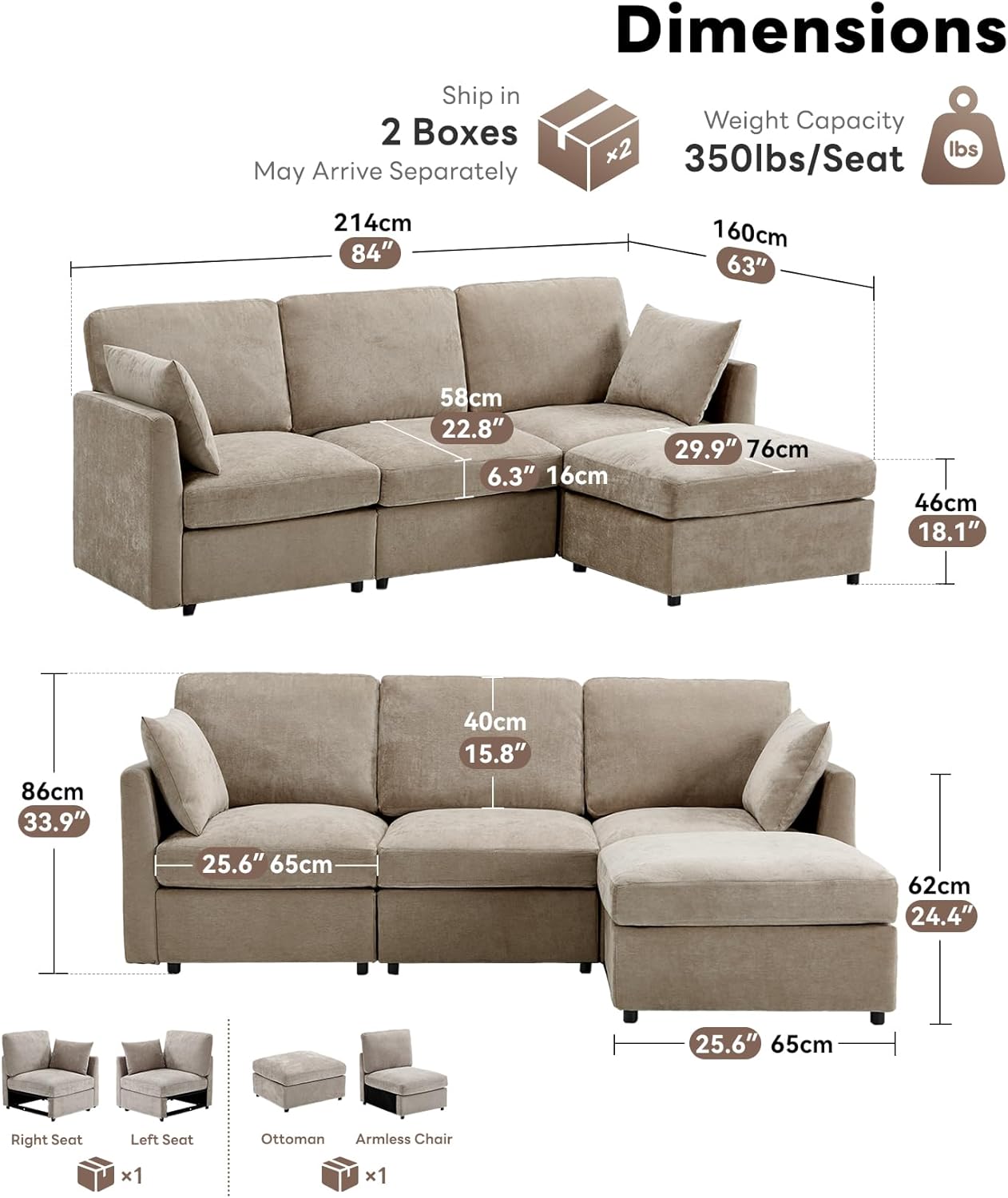 Iroomy Sectional Cloud Couch for Living Room, Spring Cushion Seating, L Shaped Convertible Modular Sofa with Ottoman, Khaki | Convertible, Balanced Comfort, Soft-Strong Chenille, Apartment-Friendly