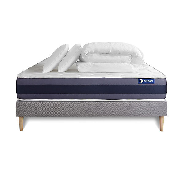 Pack sommier kit matelasRessorts ensachés et mémoire de forme avec couette et oreillers