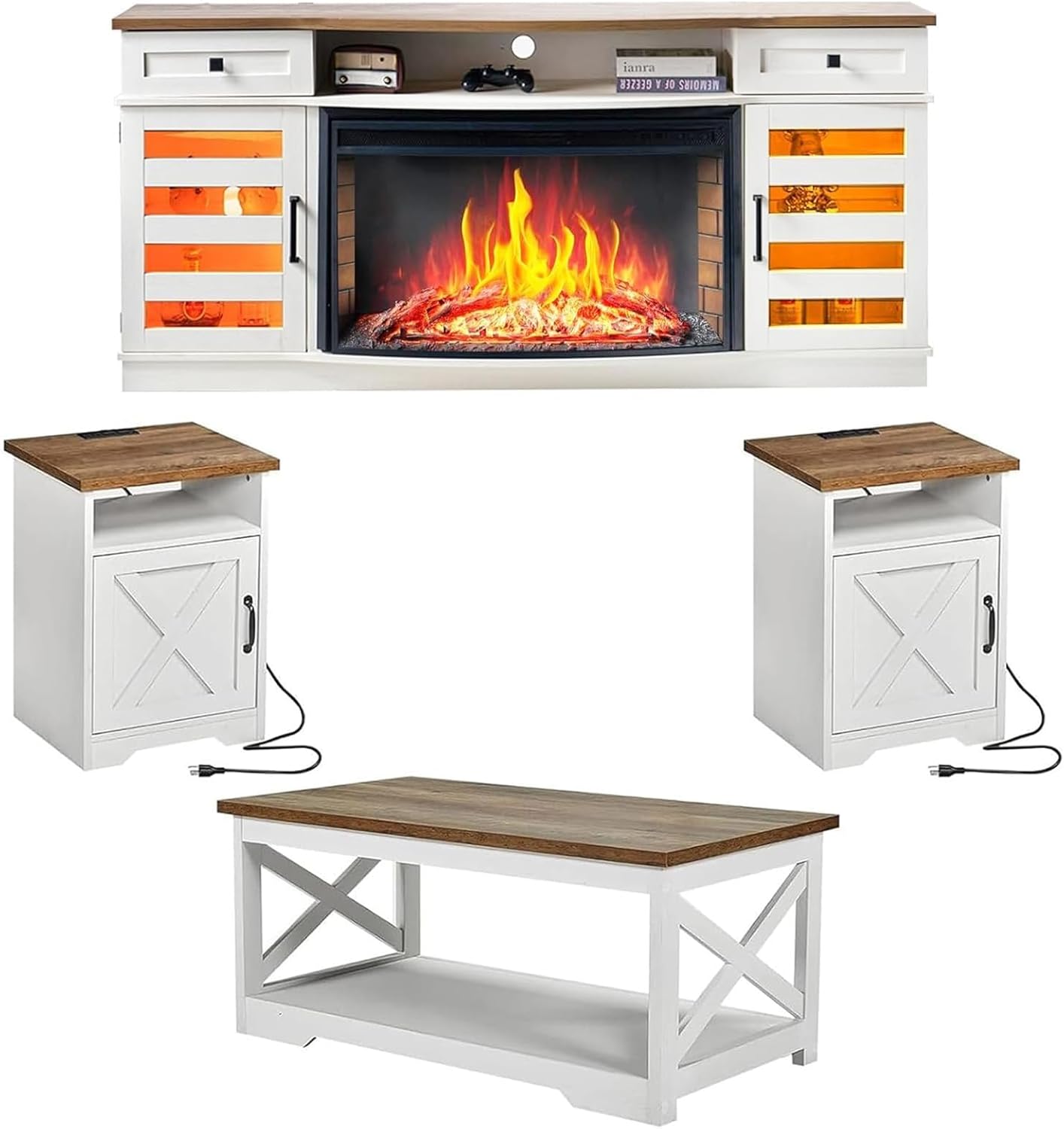 AMERLIFE Farmhouse Living Room Table Set of 4, Include 70 Fireplace TV Stand with 36 Curved Electric Fireplace, Coffee Table & 2 End Tables with Charging Station, White+Barnwood