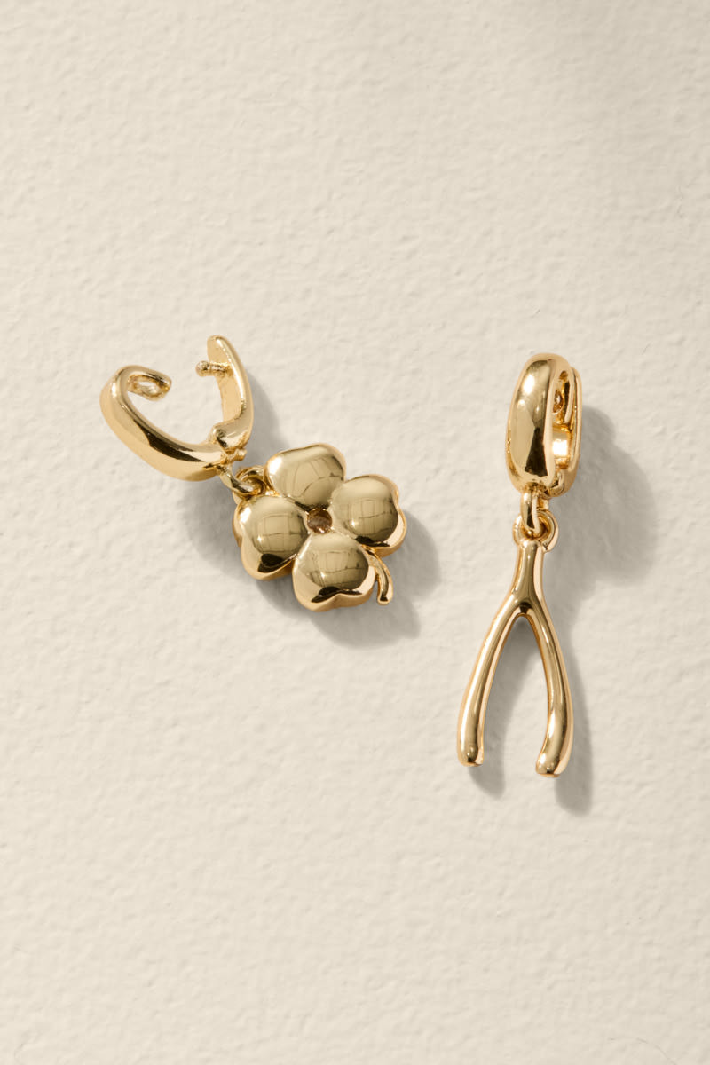 Clover and Wishbone Gold Charm Set