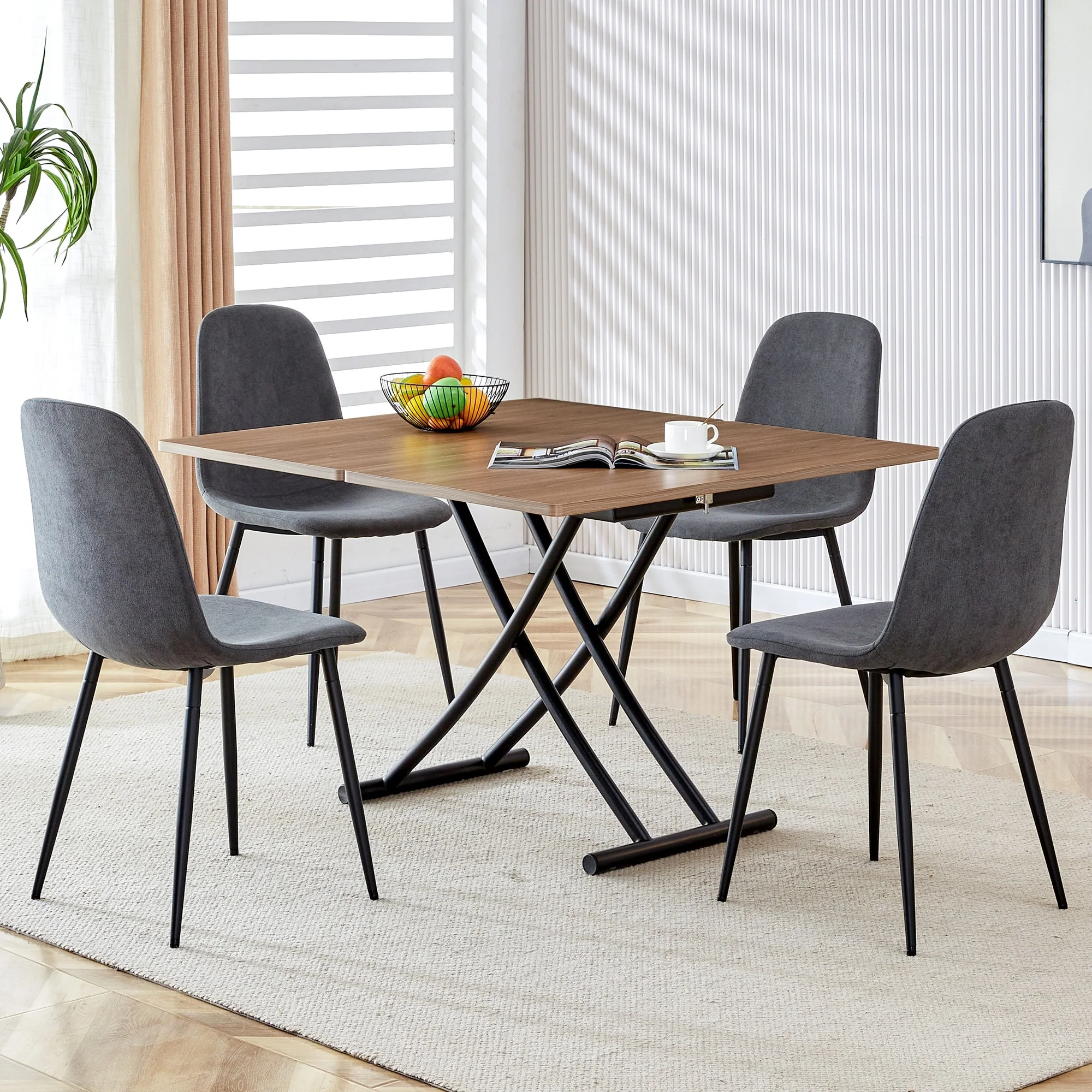 Multifunctional 5-Piece Dining Lift Table Set with Folding Table Top and 4 Suede Upholstered Chairs