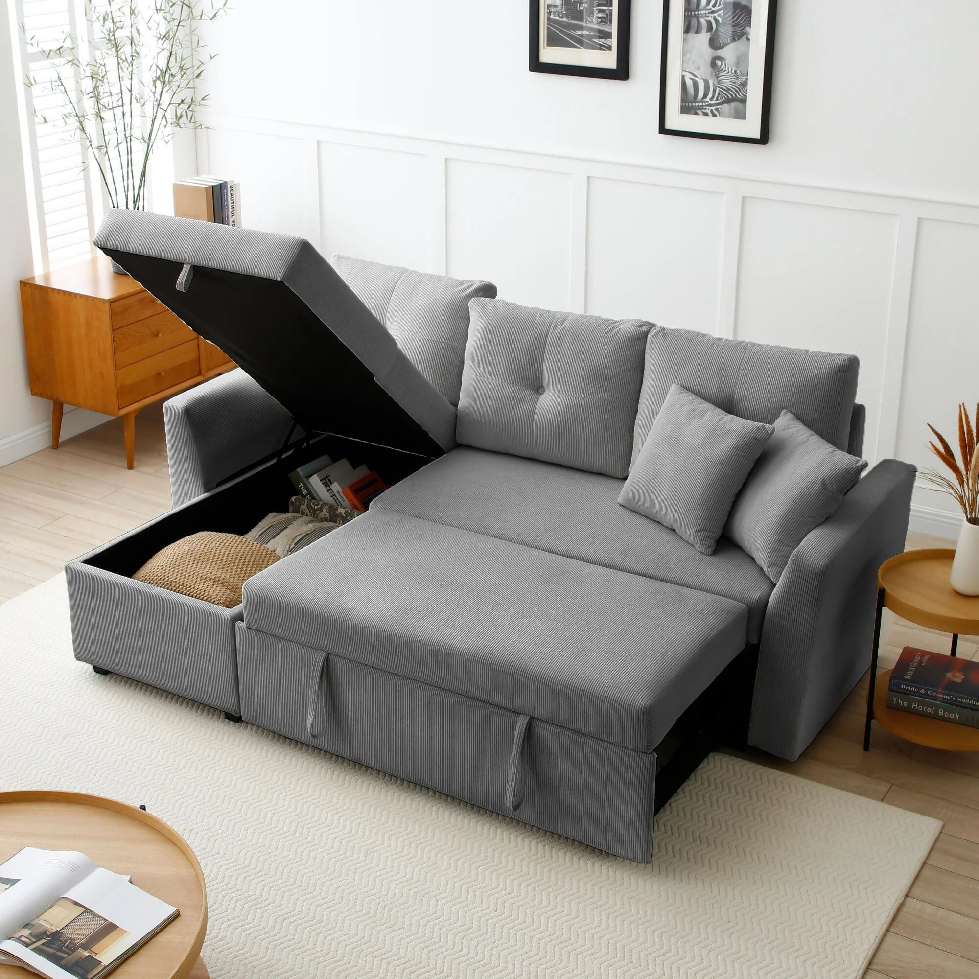 Contemporary L Shaped Modular Sofa Bed with Reversible Storage Chaise and Pull Out Sleeper for Living Room or Guest Room