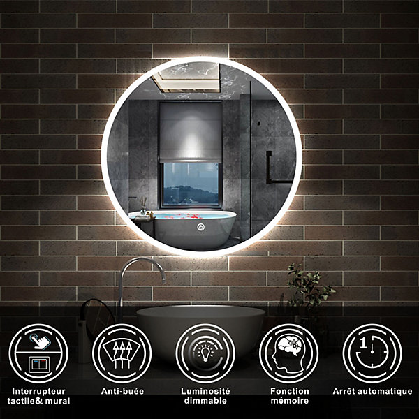 Miroir de salle de bain LED rond de 70cm, dimmable   mémoire   antibuée, avec interrupteur tactile, blanc, AICA SANITAIRE