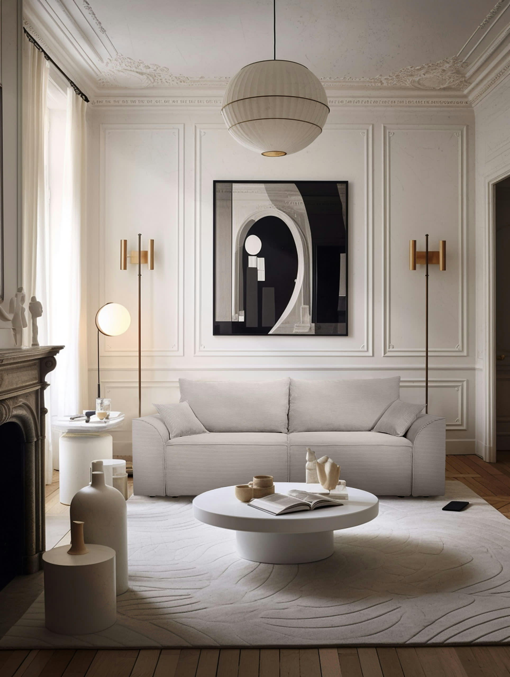 VARENNE - Canapé droit convertible 3 places en velours côtelé grège