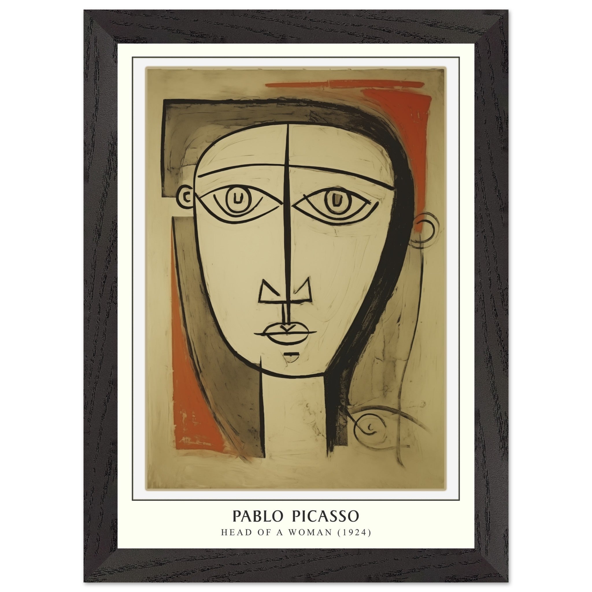 Artfulprints Poster met Lijst Pablo Picasso - Head of a woman  - A4 21x29.7 cm - Bruin
