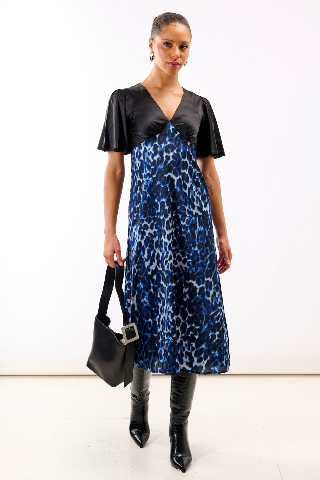 Needs No Label Blue Leopard Printed Satin Midi Dress