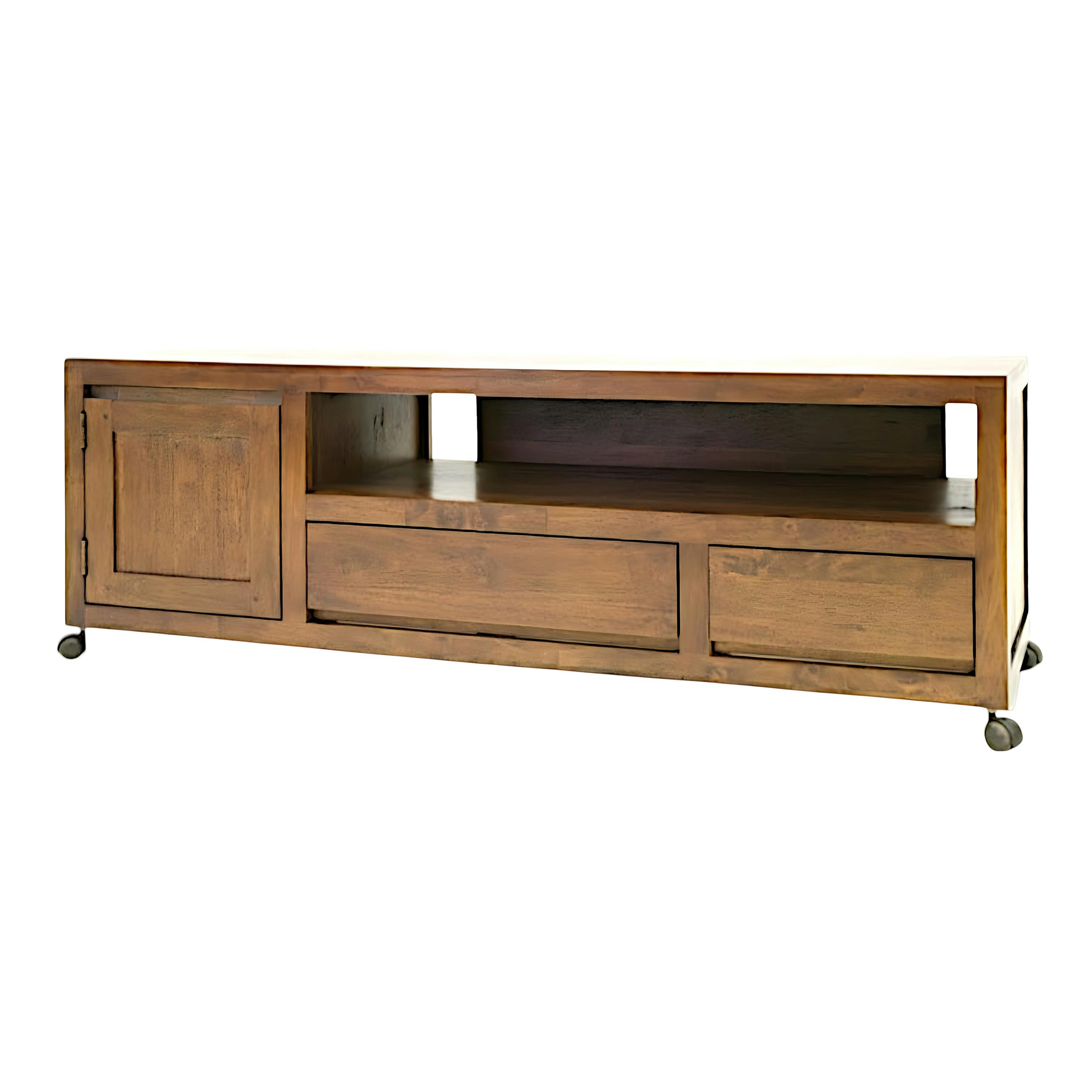 Meuble TV Hévéa à roulettes, 1 porte, 2 tiroirs, 1 grande niche 140x45x47,5 OLGA
