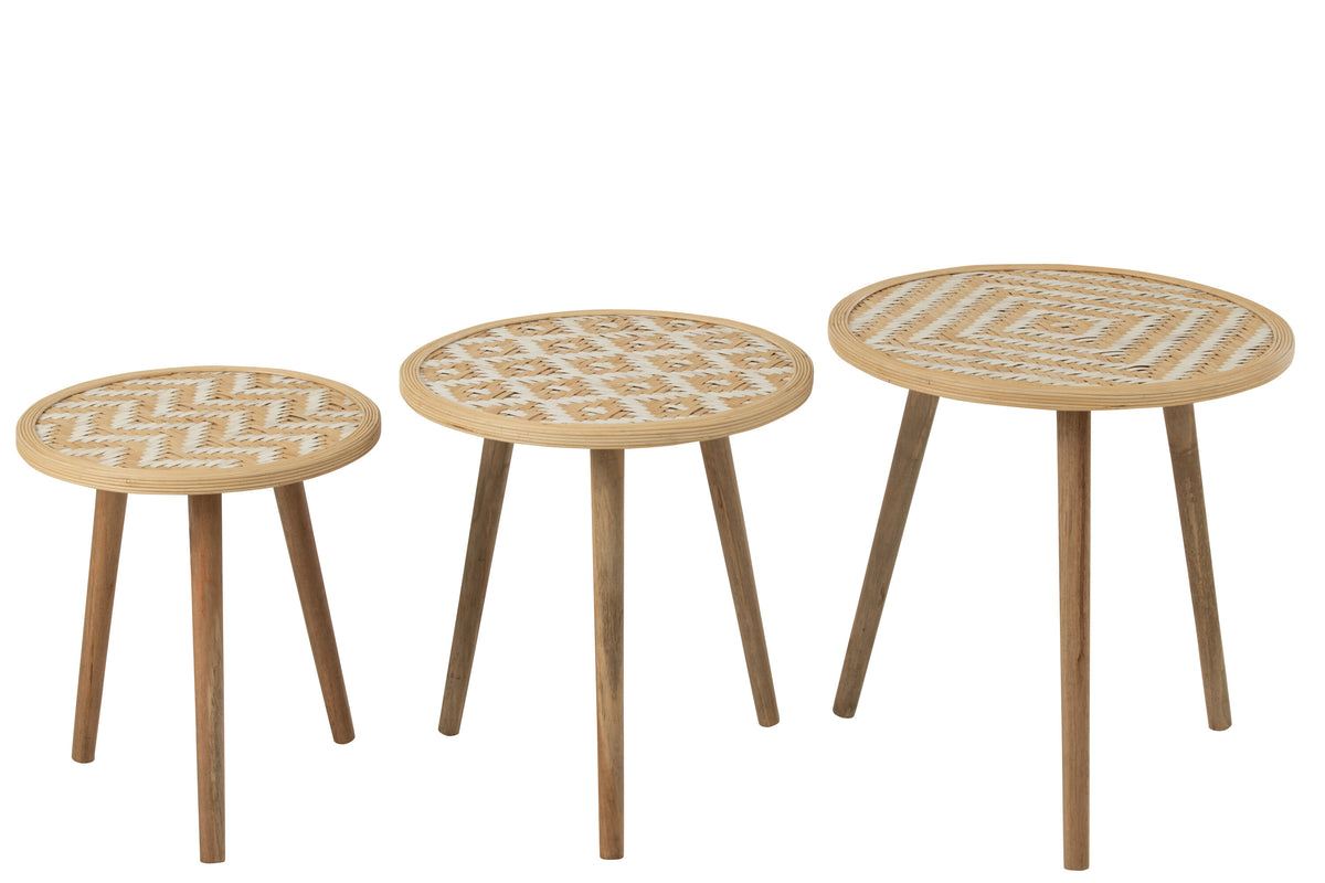 J-Line bijzettafel Patronen - bamboe/hout - naturel/wit - set van 3