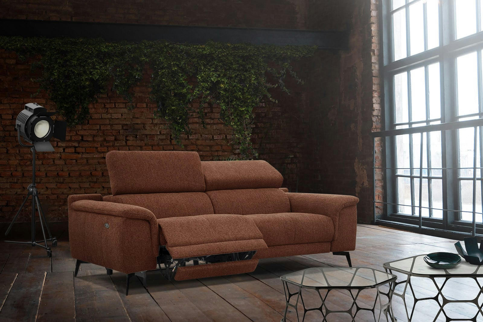 FIERO - Canapé 3 places XXL avec relax électrique côté gauche tissu rouille