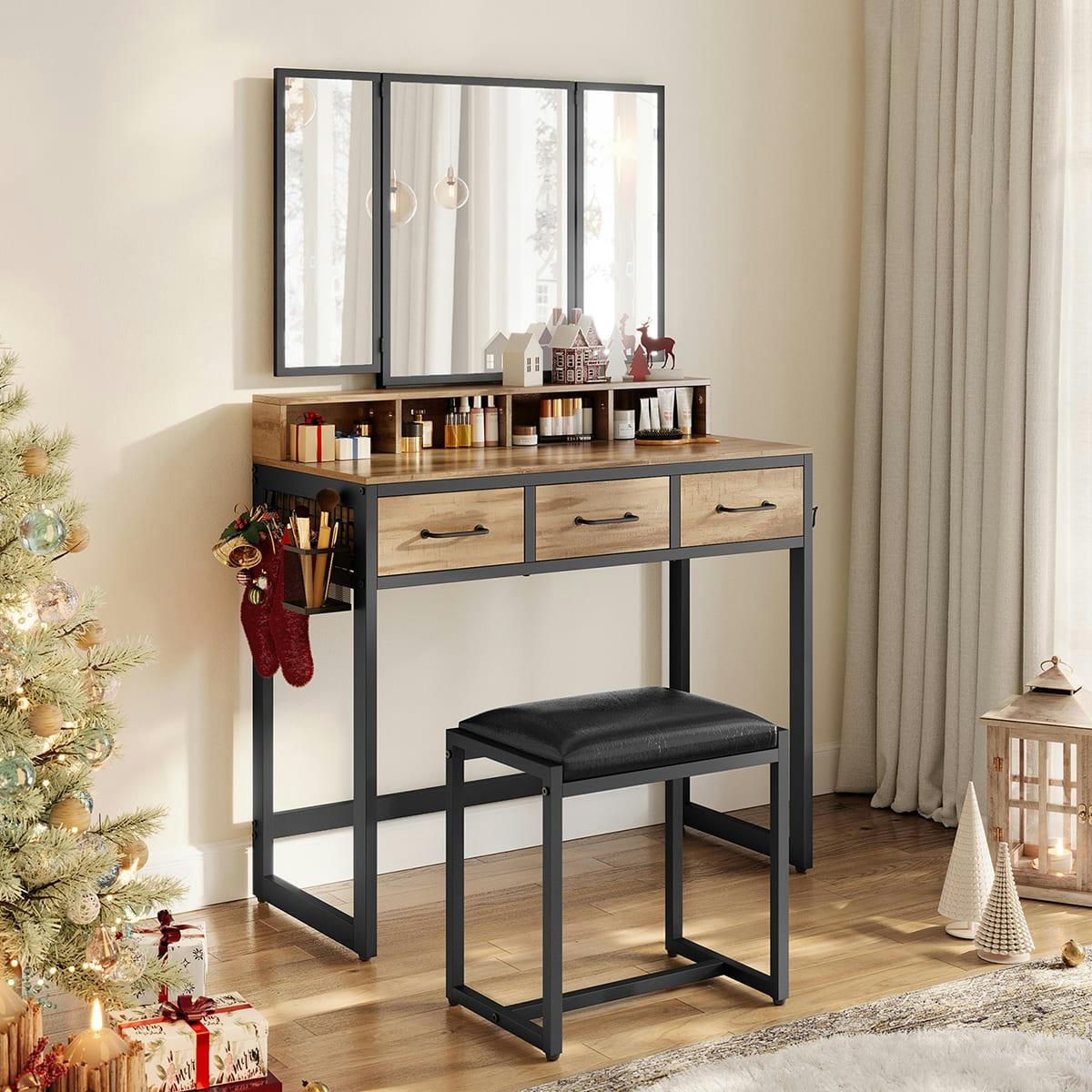 - Coiffeuse effet bois acier verre marron boisé et noir