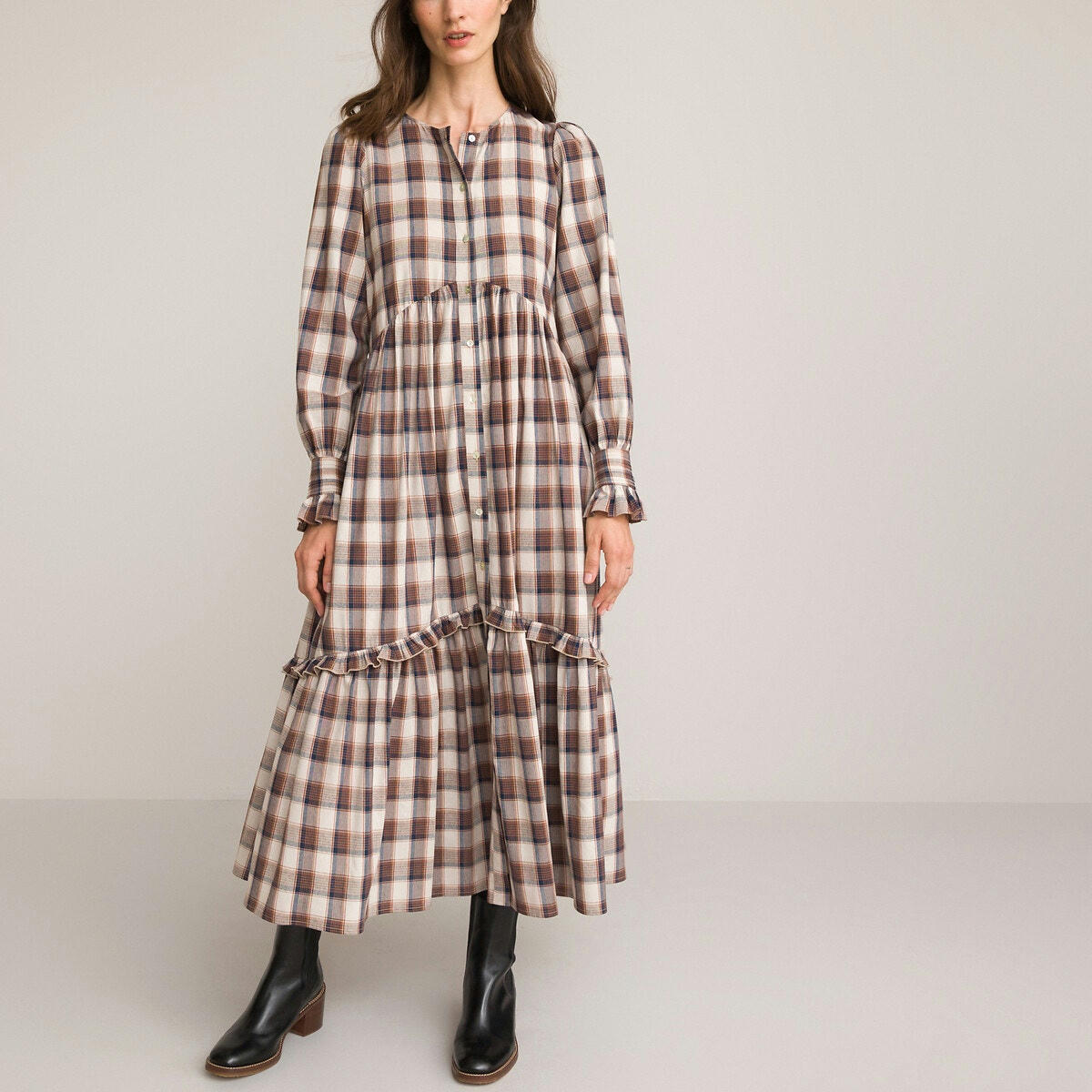 Robe maxi longue boutonnée, à carreaux écossais