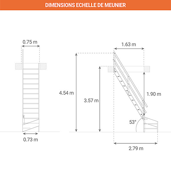 Escalier de meunier 16 marches - Quart tournant à gauche avec main courante à droite - Hauteur à franchir 3,57m max -