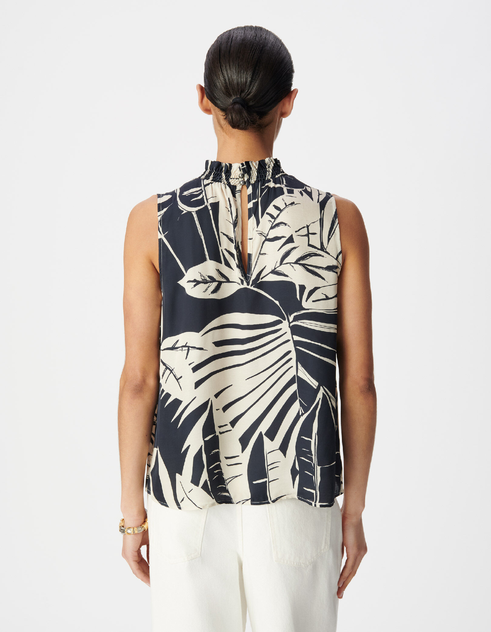 Top sans manches marine satiné imprimé maxi feuilles Femme