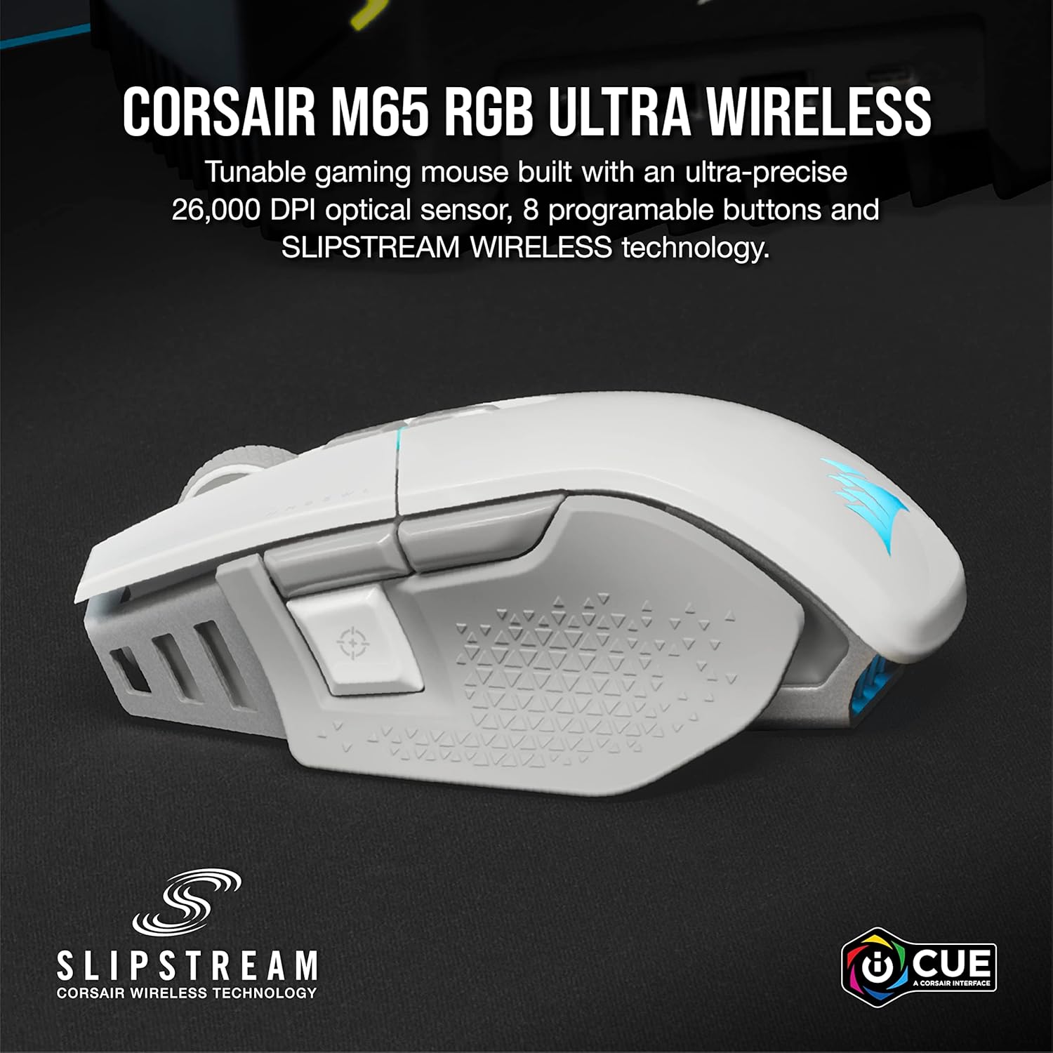 Corsair M65 RGB Ultra Wireless Tunable FPS Wireless Gaming Mouse - Sub-1ms Slipstream Wireless Technology, 26,000 DPI Optical Sensor, Up to 120 Hours of Battery Life, 8 Programmable Buttons - White