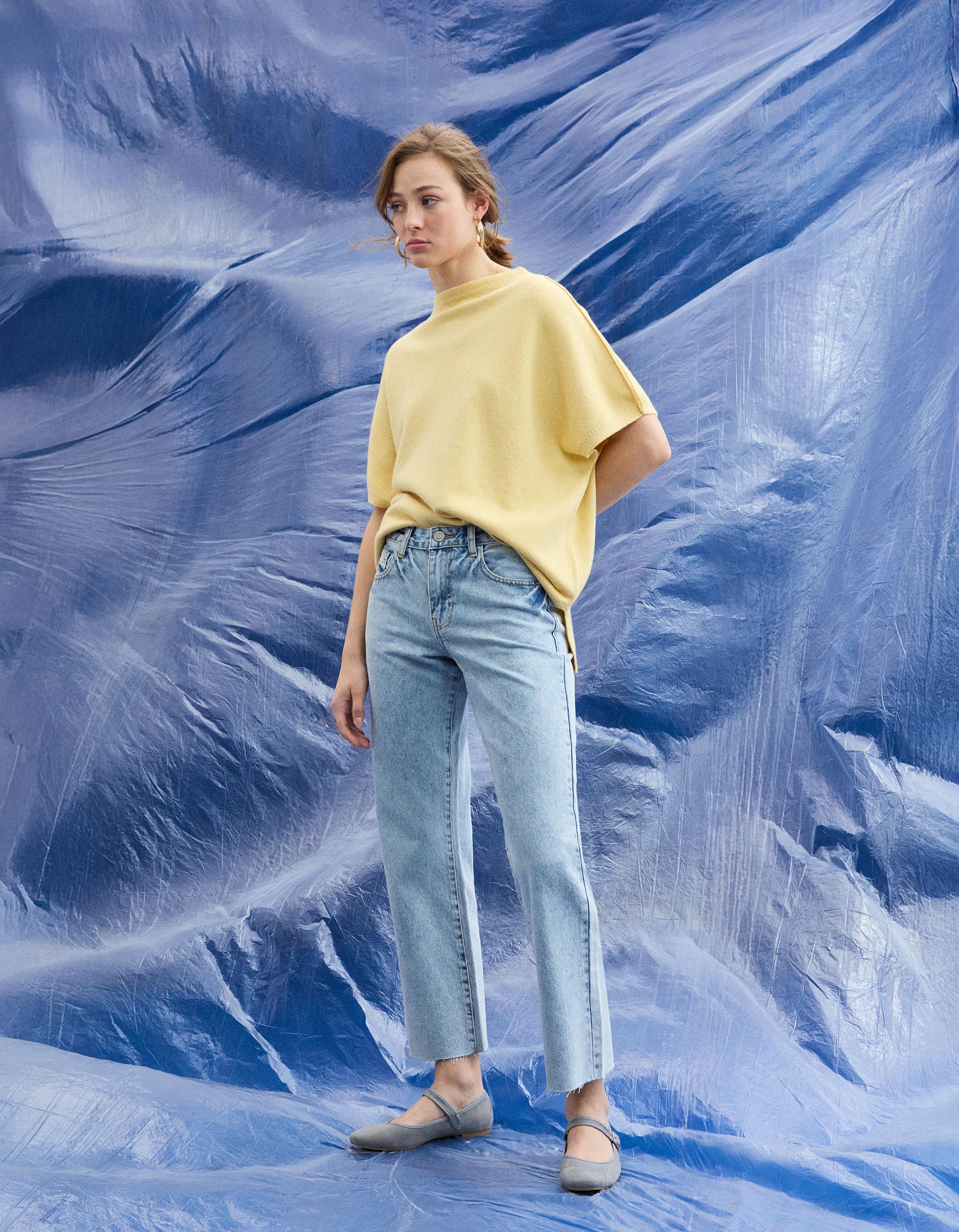 Calças de Ganga Cropped 'Straight Fit', Mulher, Azul Claro