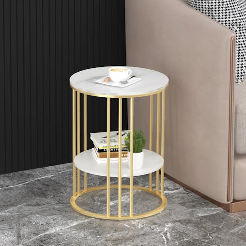 NNEOBA Round Marble Accent Table - Gold Frame, 2-Tier Nightstand