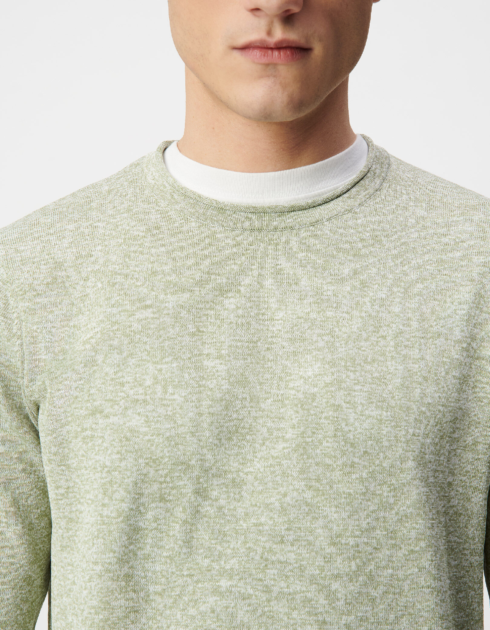 Pull col rond vert tricot fin mouliné Homme