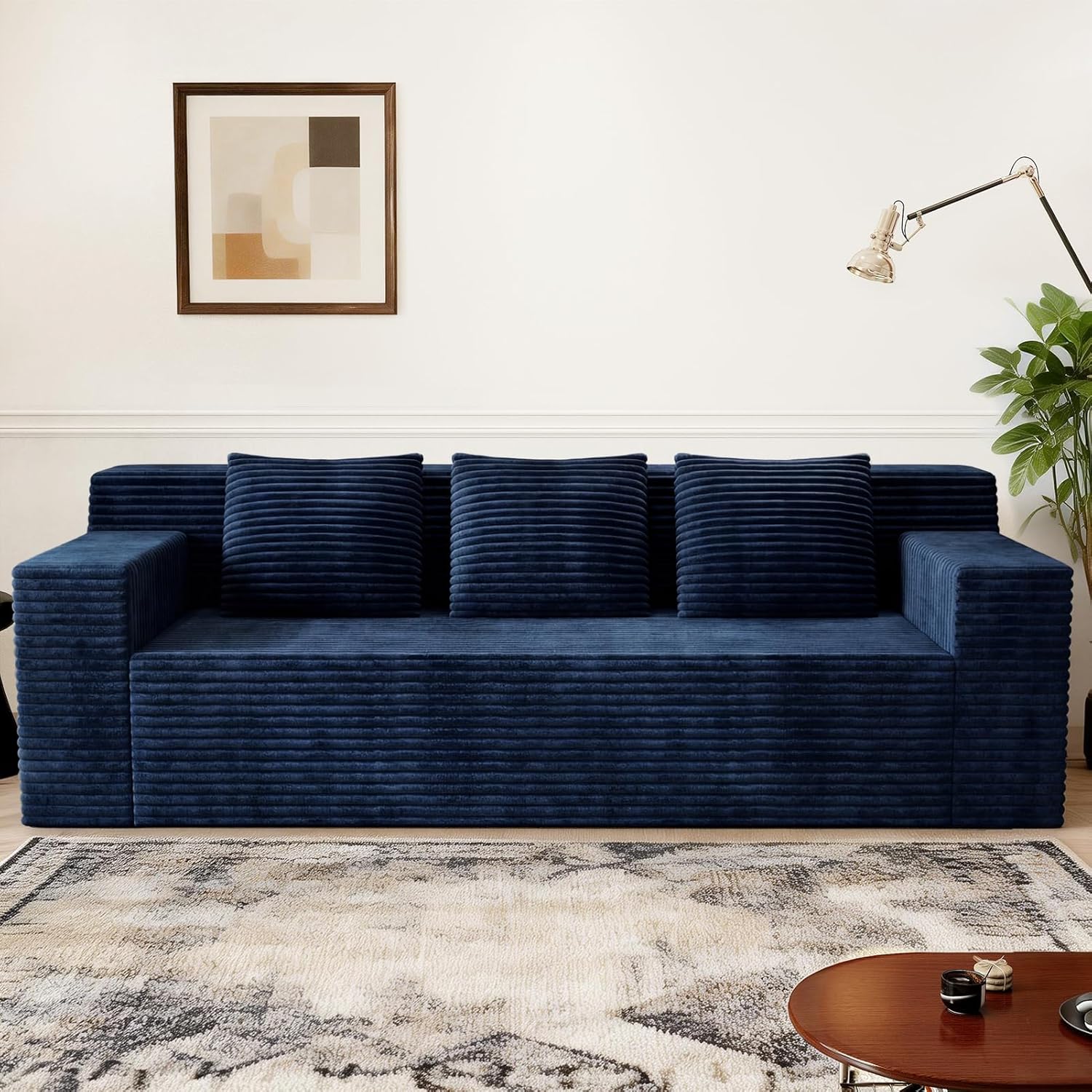 Kurhwyss 71 Corduroy Living Room Sofa, 3 Setaser Deep Seat Couch with 3 Lumbar Pillows, Comfy Boneless Sofa Modern Compressed Couch for Bedroom, Office, Apartment, No Assembly, Flat Armrests (Blue)